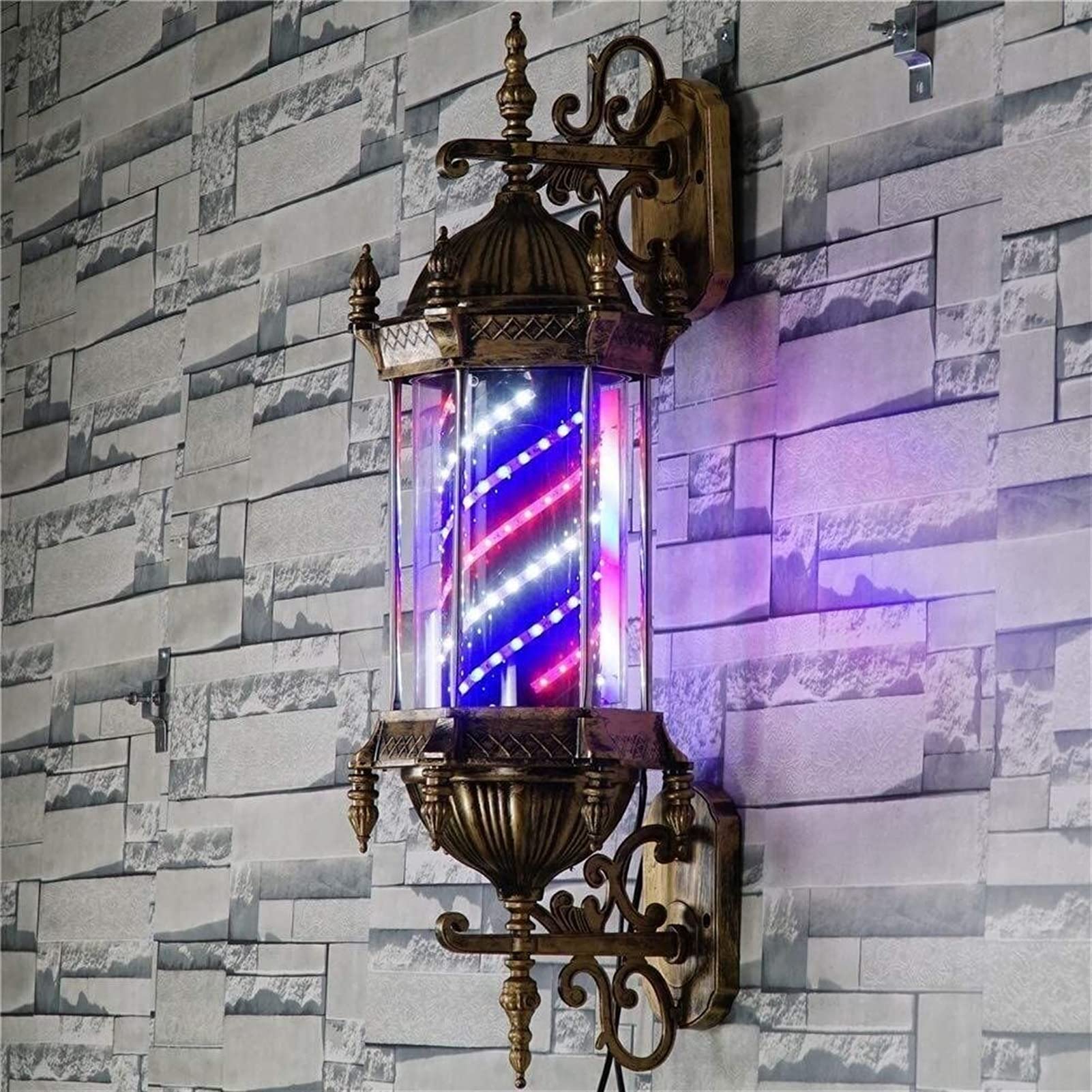 Poste de barbero con luz LED, Poste de barbero de 74 cm (29"), Estilo Retro, Resistente al Agua, con Tiras LED giratorias Rojas, Blancas y Azules, Ideal para peluquería.，Purple