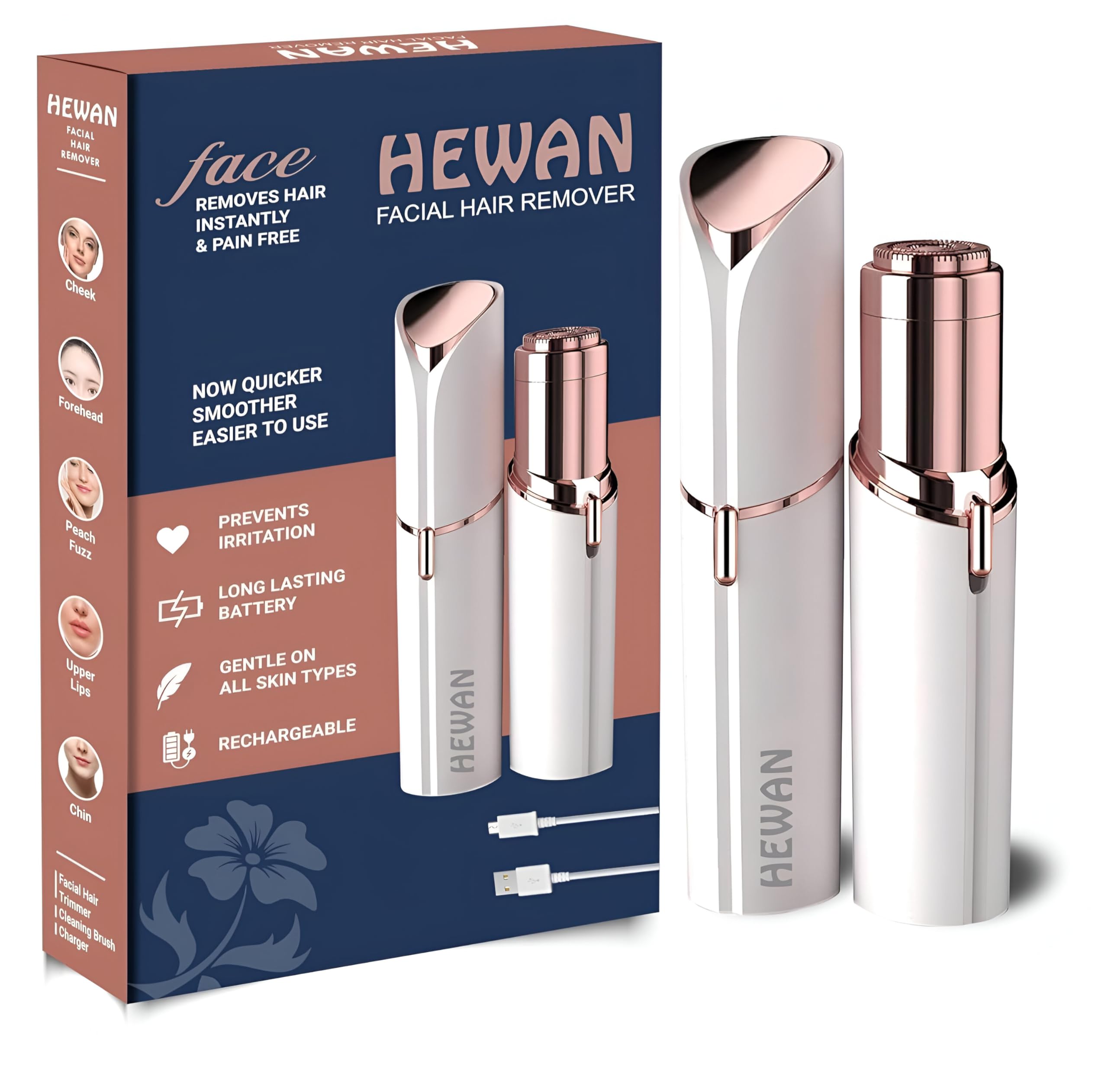 Hewan Facial Hair Remover Machine For Women - Face, Chin, Cheek, Eyebrow, Upper Lip Hair Remover for Women, USB RECHARGEABLE Epilator Machine for Women (White)