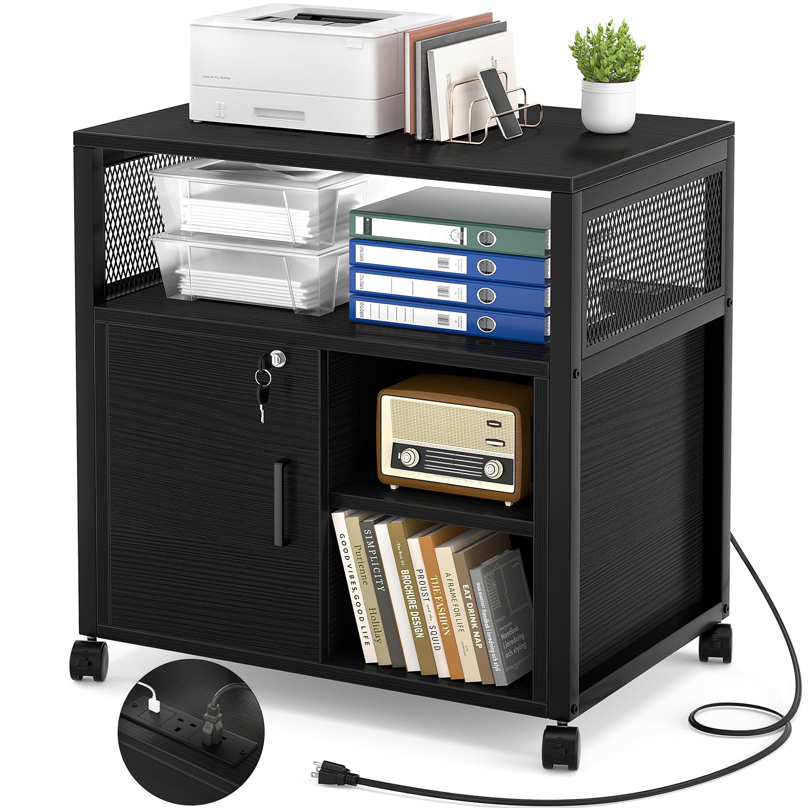 iSunirm Rolling File Cabinet, Lateral Filing Cabinet on Wheels Mobile Office Printer Stand with Door and Open Storage Shelf for A4, Letter Size and Hanging File Folders, Black