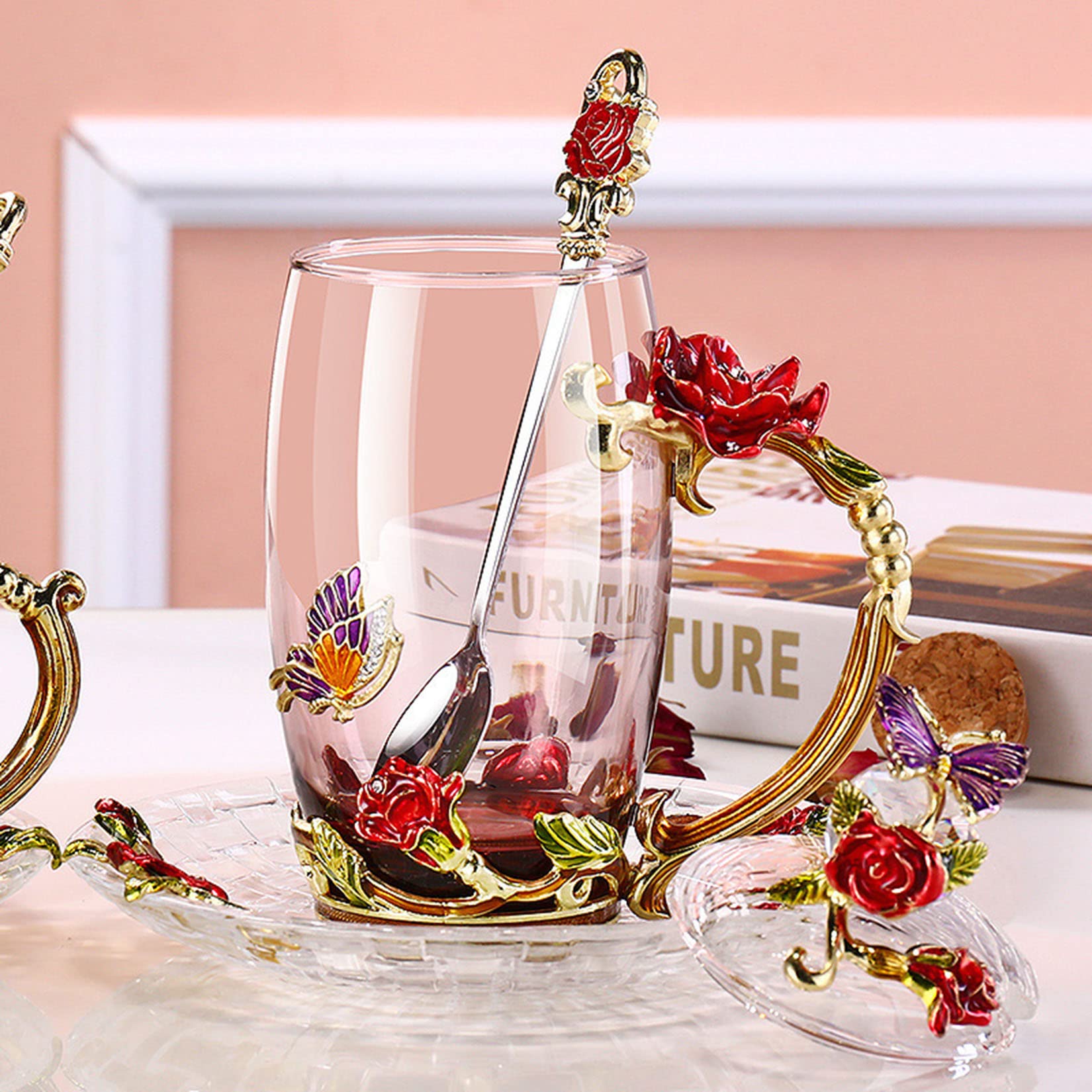 Tea Cup Set for 4, Enamel with Teapot, Tea Set 3D Fancy Tea Cup with Lid, Christmas Housewarming Gift Box, Women's Tea Set, Adult Crystal Glass Tea Set,Red2