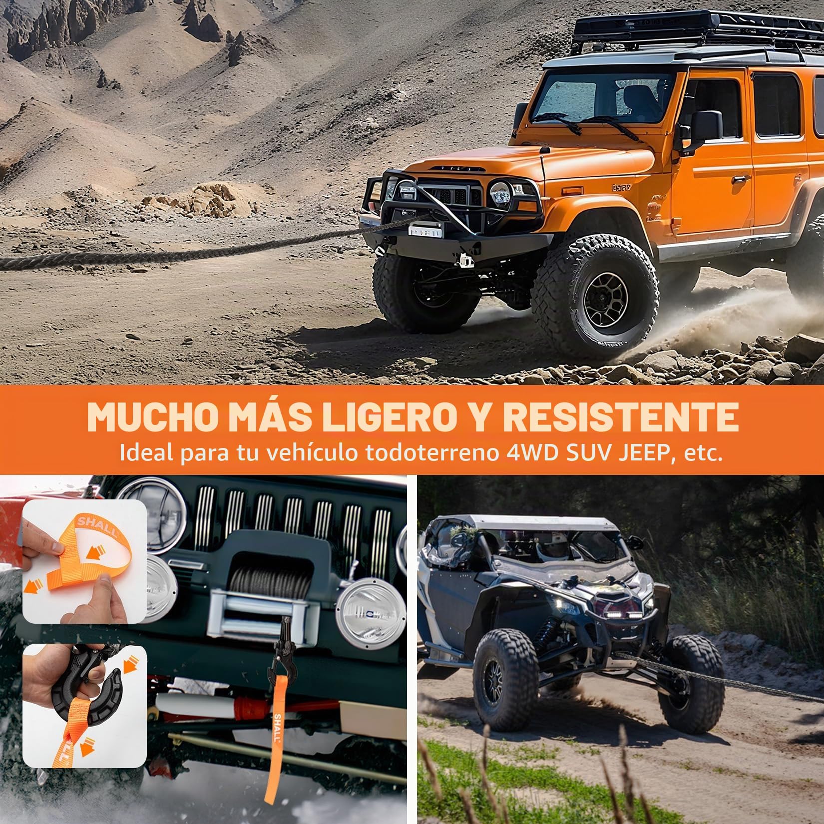 SHALL Correas y Cuerdas de Remolque, Cuerda sintética para cabrestante de 12 mm x 28 m de Largo, 16 toneladas (35500 LB), Funda Protectora, Gancho Forjado para cabrestante y Correa de Seguridad