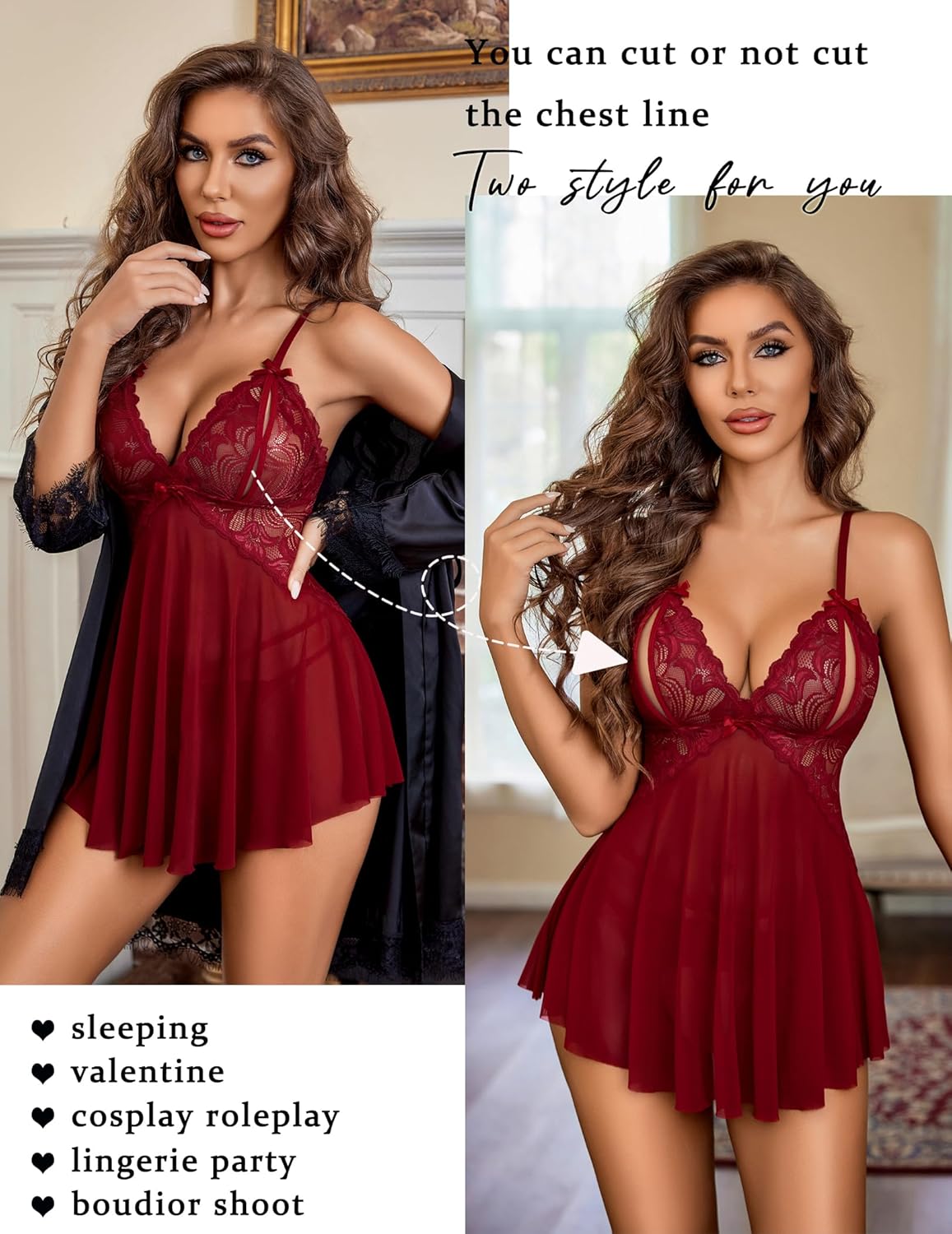 Avidlove Sexy Lingerie for Women Lace Babydoll Chemise V Neck Mesh Nightwear Boudoir Outfits - Image 3
