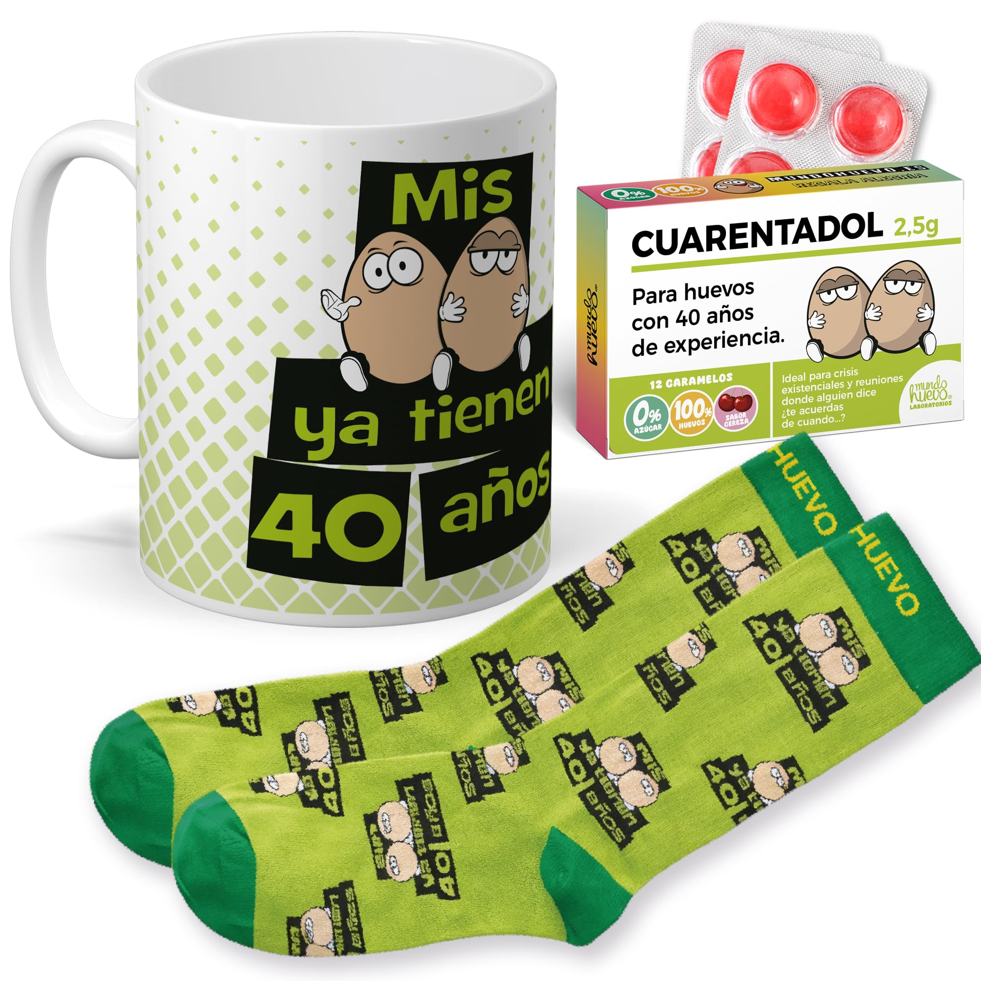 mundohuevo Super Regalo Personalizado para 40 cumpleaños Hombre | Taza de Cerámica + Calcetín 40 hombre + Caramelos |Mis huevos ya tienen 40 años | Detalle Original Día del Padre, amigos