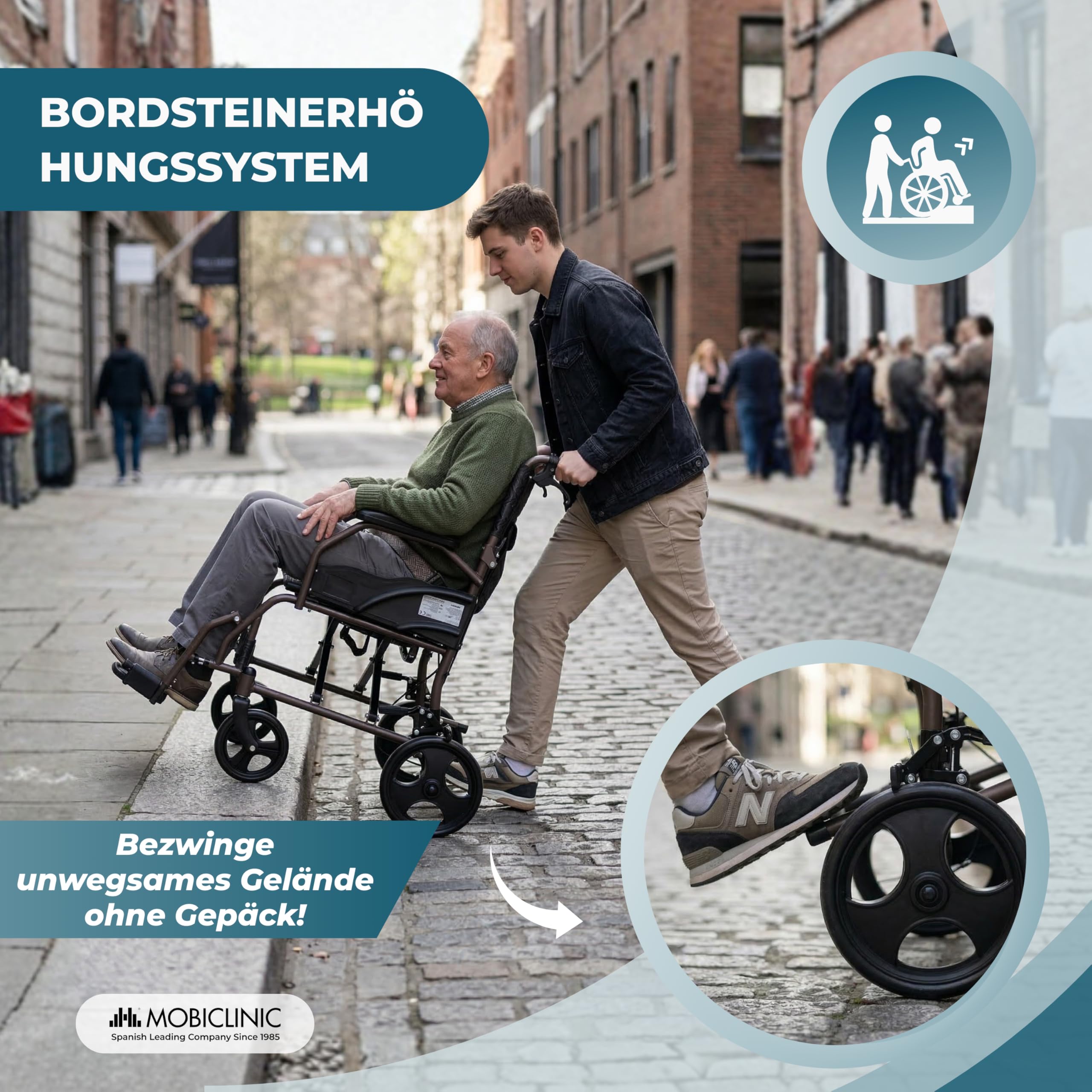 Mobiclinic®, Faltbarer Rollstuhl, mit klappbarer Rückenlehne und Fußstützen, Doppel Bremssystem, Gepolsterten Armlehnen, Stahlrahmen, Leicht und Kompakt, Kefren