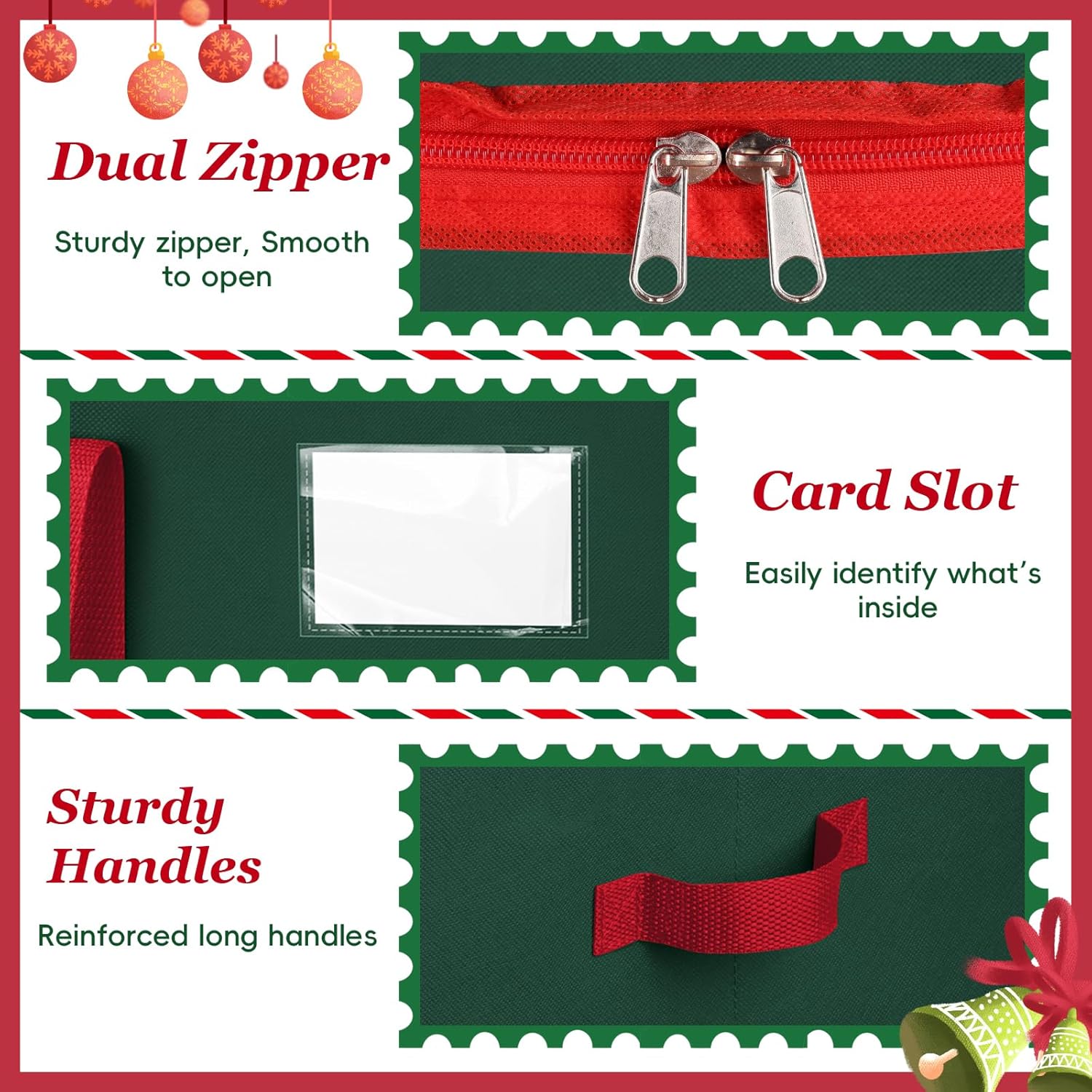 Christmas Ornament Storage Box, Holds Up to 128 Ornaments with Adjustable Dividers, Large & Sturdy Holiday Decoration Ornament Organizer Storage Bin with Zipper and Handles, Green - Image 5