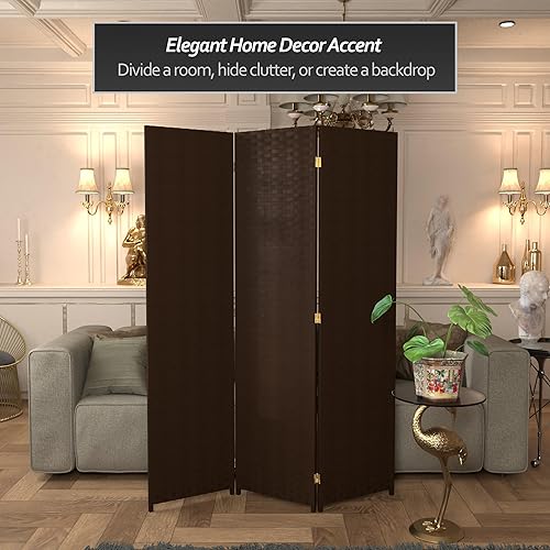 Miniatura 6 de Oriental Furniture - Divisor de habitación de fibra tejida de 6 pies de alto, 3 paneles, color moca oscuro