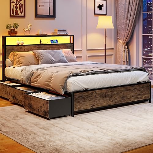 Forestell Queen Bed Frame with Headboard & 6 Drawers, Metal
