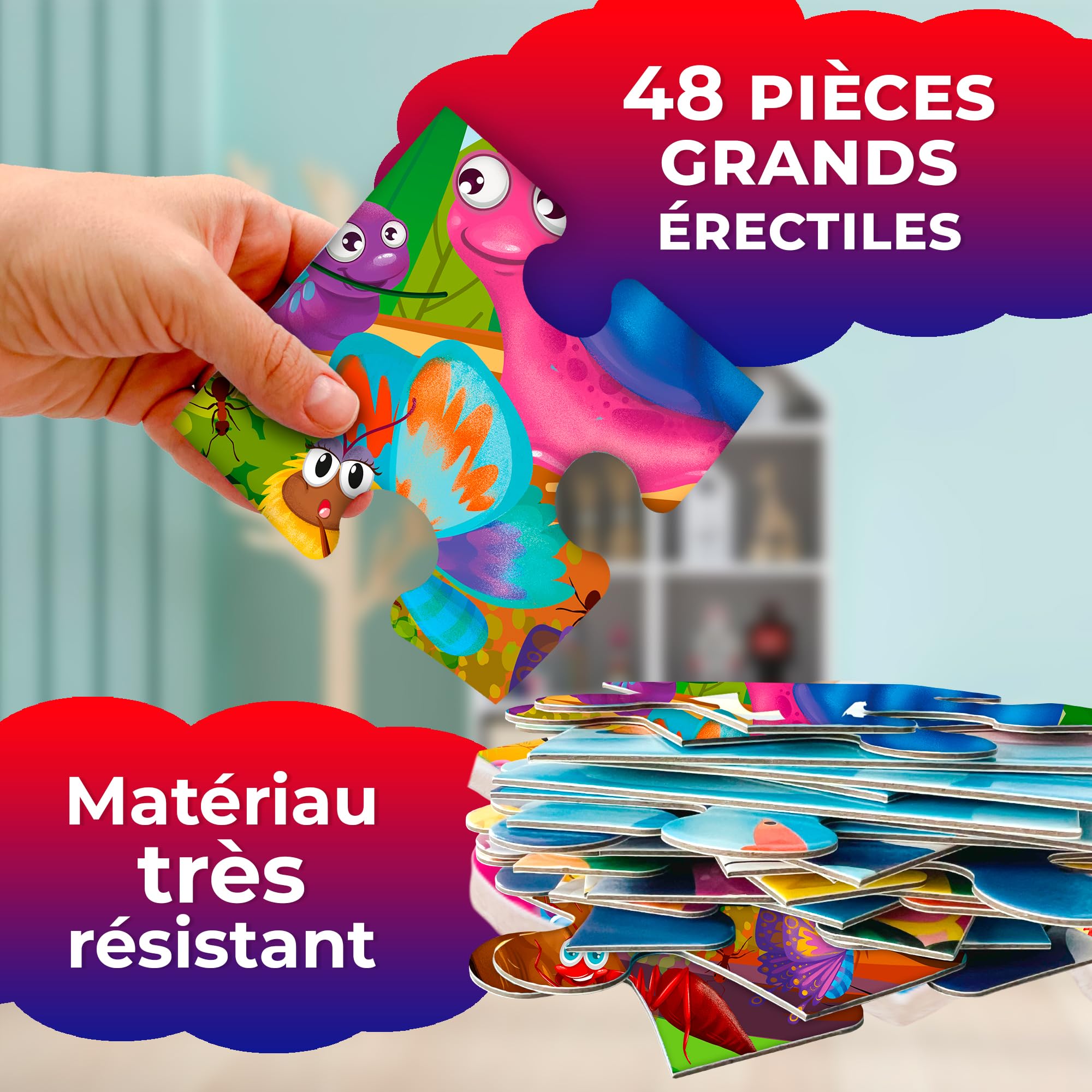 QUOKKA Puzzle Geant Enfant 3 4 Ans - 60x90 cm 48 Pièces Puzzle XXL de Sol Enfants 5 6 Ans - Grand Іnsectes Jouet pour Garçons et Filles - Educatif Cadeau