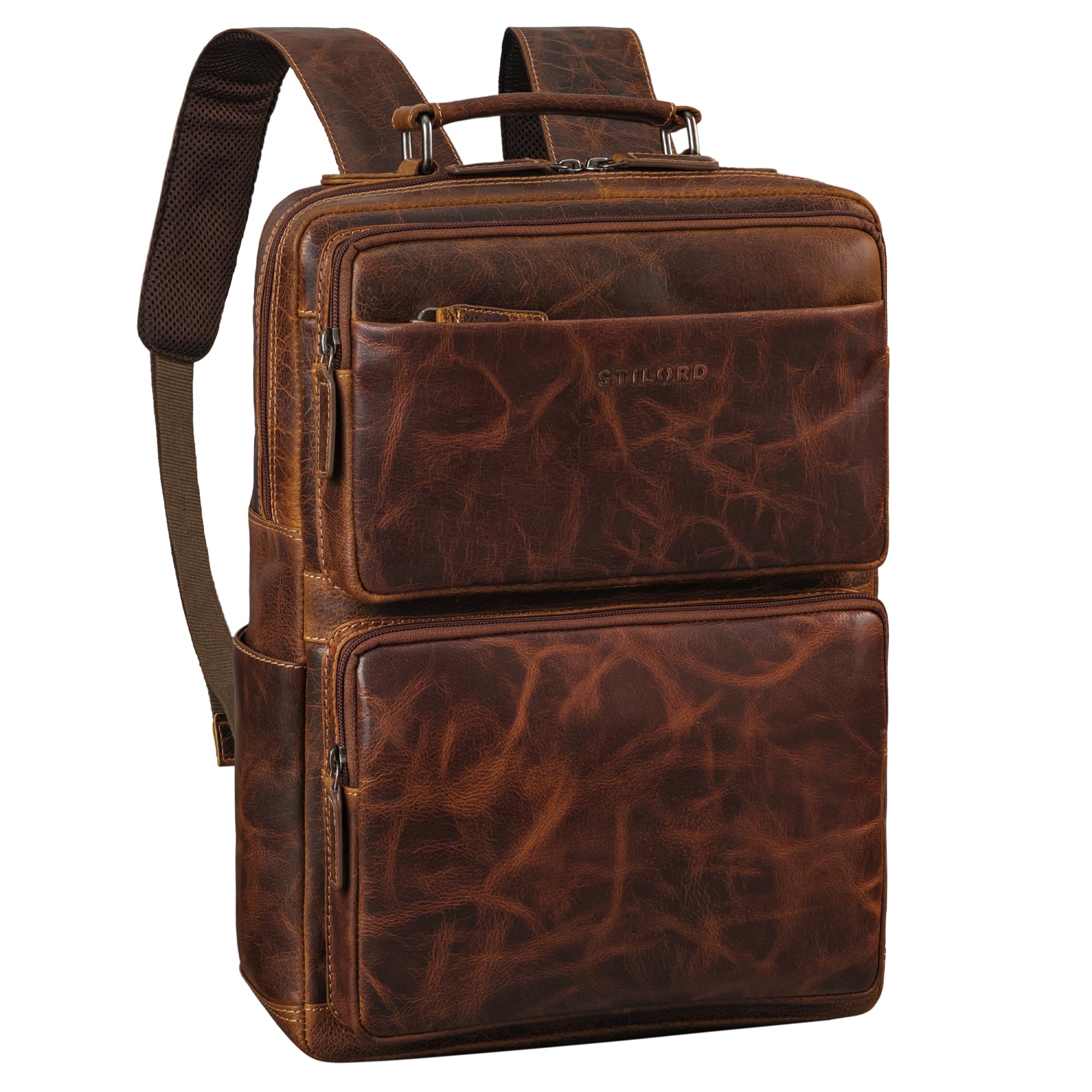 STILORD Roman Grote Laptop Rugzak Leer Heren Notebook Rugzak 15-15.6 Inch Business Rugtas Dames Elegant Office Studenten Backpack met Laptopvak Echt Leder Kleur:luino - bruin