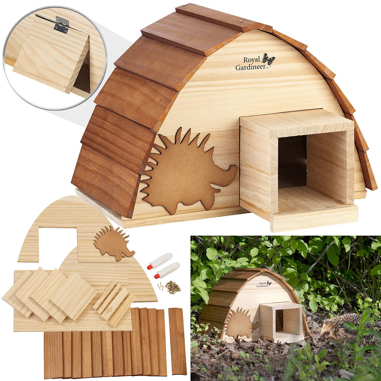 Royal Gardineer Igelhaus Bausatz Holz: 2er-Set wetterfeste Igelhäuser mit Schindeldach aus Echtholz, Bausatz (Igelfutterhaus, Igelnest, Insekten)