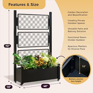 72Hx46Wx16D Heavy-duty Black Metal Raised Garden Bed with Trellis & Wheels | Easy Assembly, Privacy Screen, Large Outdoor Planter Box for Climbing Plants, Vegetables & Vine, Weather Resistant