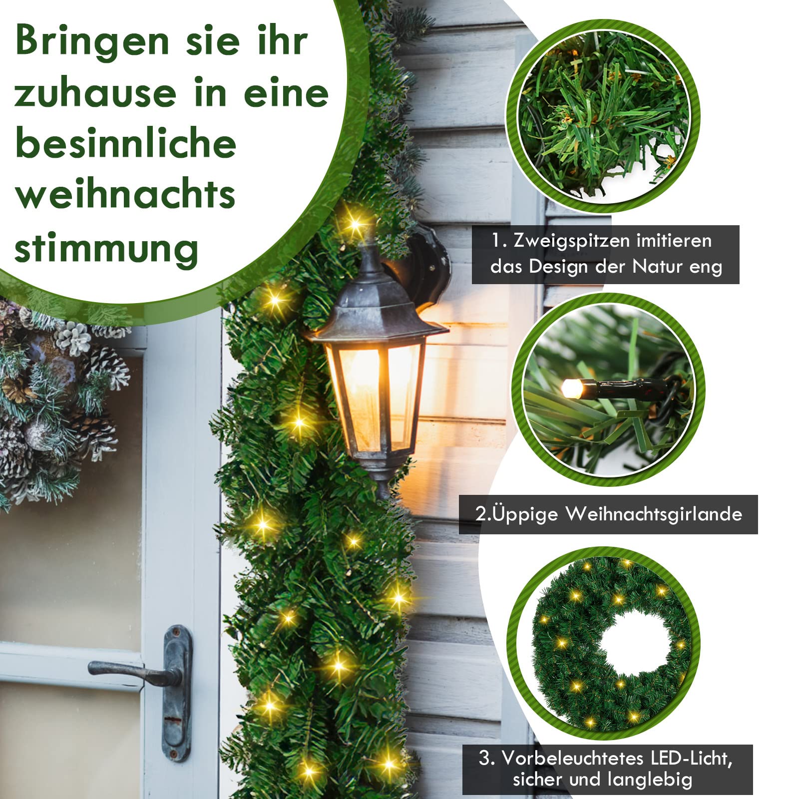 2er 5m Tannengirlande Künstliche Weihnachtsgirlande Grün mit Beleuchtung 100 LEDs Warmweiß Lichterketten Weihnachtsdeko Weihnachtskranz für Haus Treppen Kamin Innen Außen