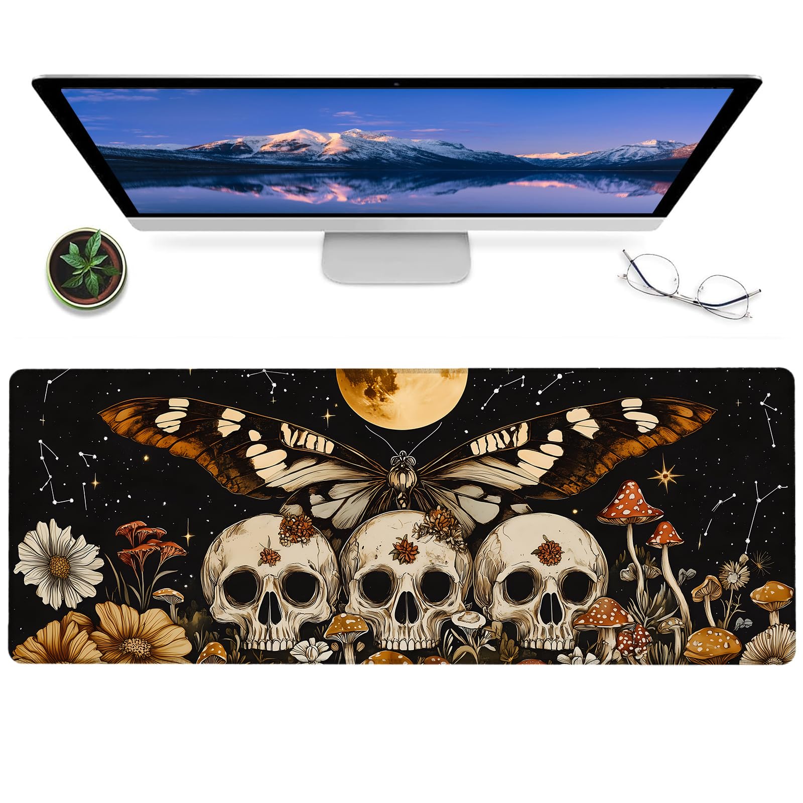 ainori Mystical Skull and Moth Gaming Mouse Pad – 12x31.5in Non-Slip Rubber Desk Mat with Celestial Floral Design – Large Extended Mousepad for Office