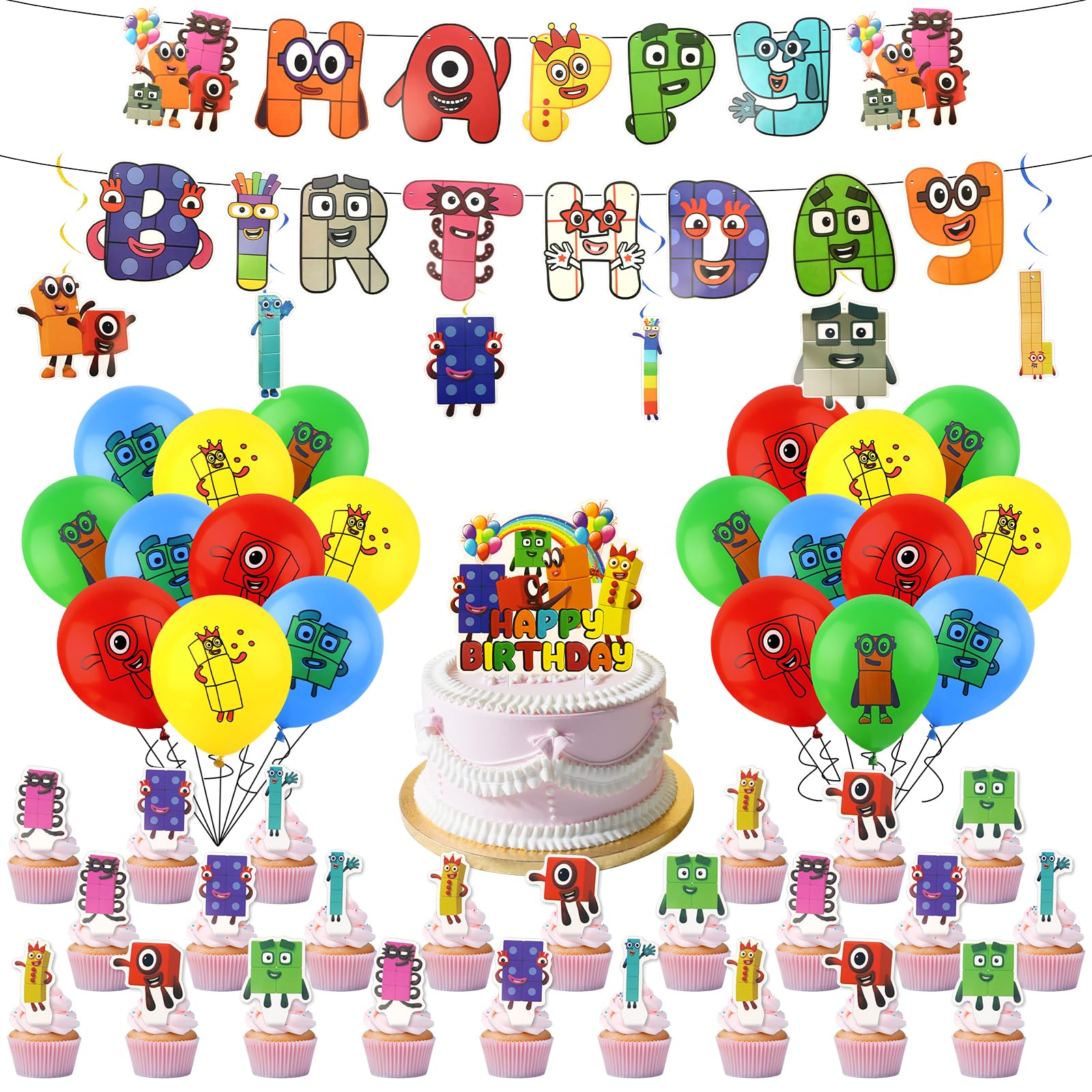 52Pcs Number Birthday Decorations, Blocks Party Supplies Number Theme Party Decorations,Happy Birthday Banner Balloons Cake Topper Spiral Decoration for Kids Boys Girls