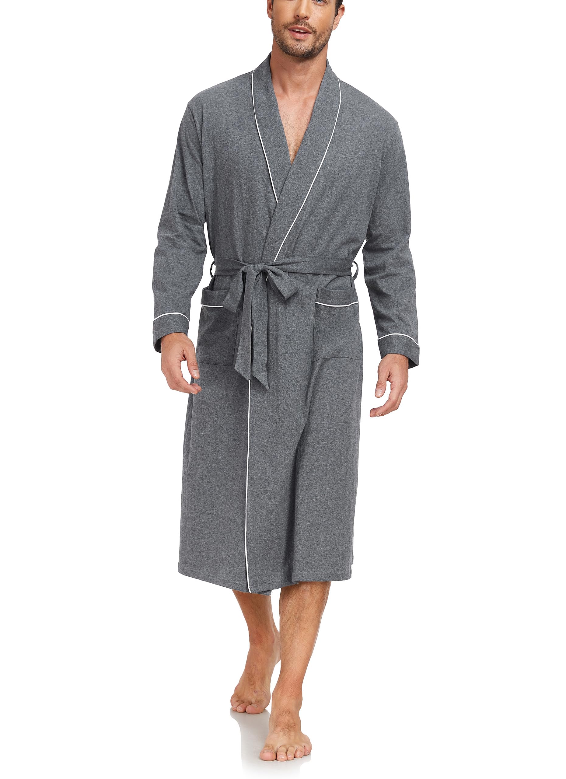 EA'S SECRET Herren Bademantel 100% Baumwolle Leichter Strick-Spa-Bademantel für Sommer Langes Schlafgewand mit Taschen klassischem Schalkragen