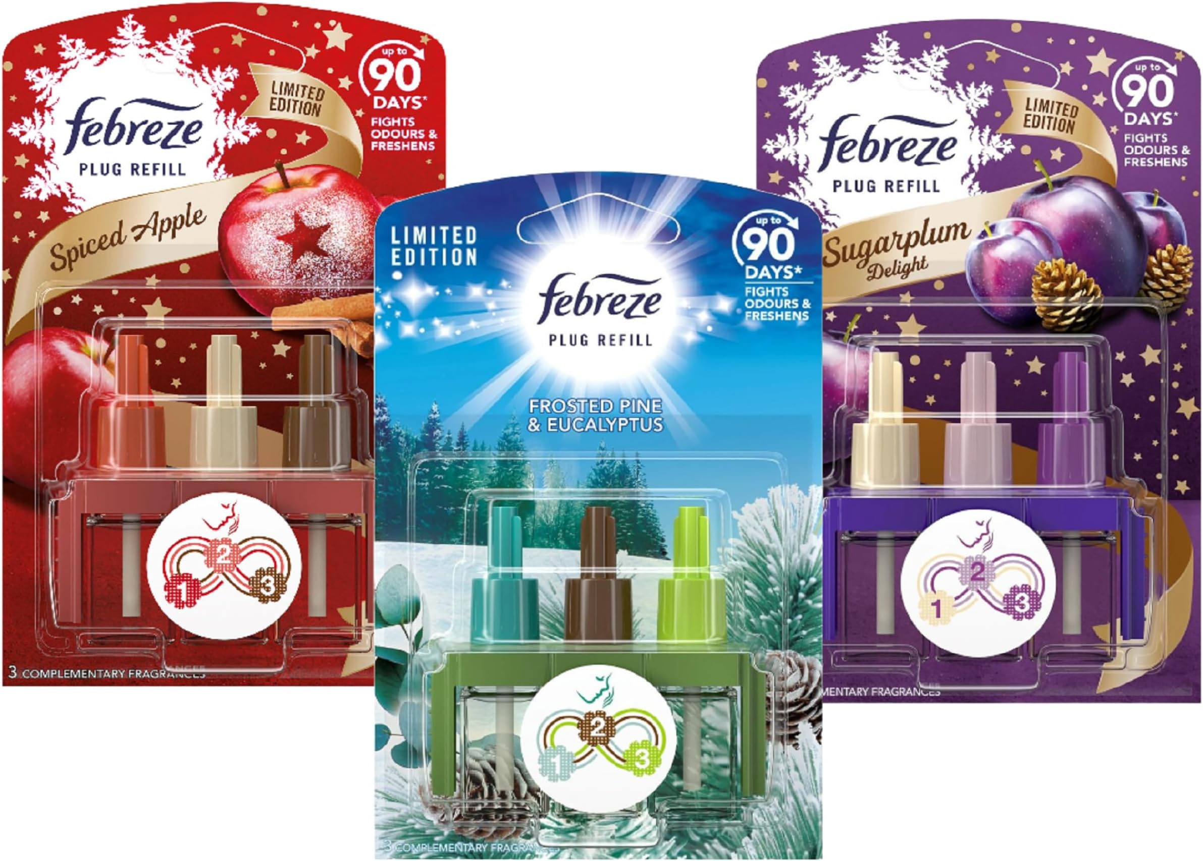 Limited Christmas Edition Plug In Refill Bundle - 3 x 20ml Flavors: Spiced Apple, Sugar Plum, Frosted Pine & Eucalyptus Room Fresheners with Topline Card. Gifts for Stocking Fillers