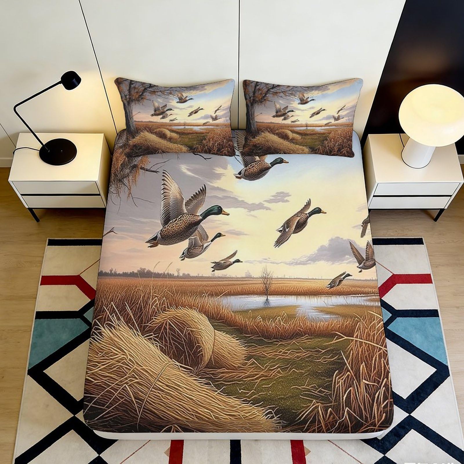 3D Printed Wild Duck Flight Fitted Sheet Microfiber Soft Bedroom Decor Marshland Mattress Cover for Adults Teens 90x200x25cm