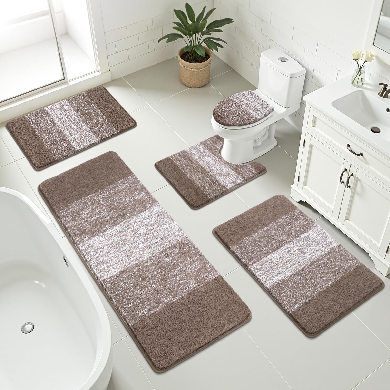 Bsmathom Bathroom Rugs Sets 5 Piece, Soft Absorbent Microfiber Bath Rugs with U-Shaped Contour Toilet Rug and Toilet Lid Cover, Thick Non-Slip Plush