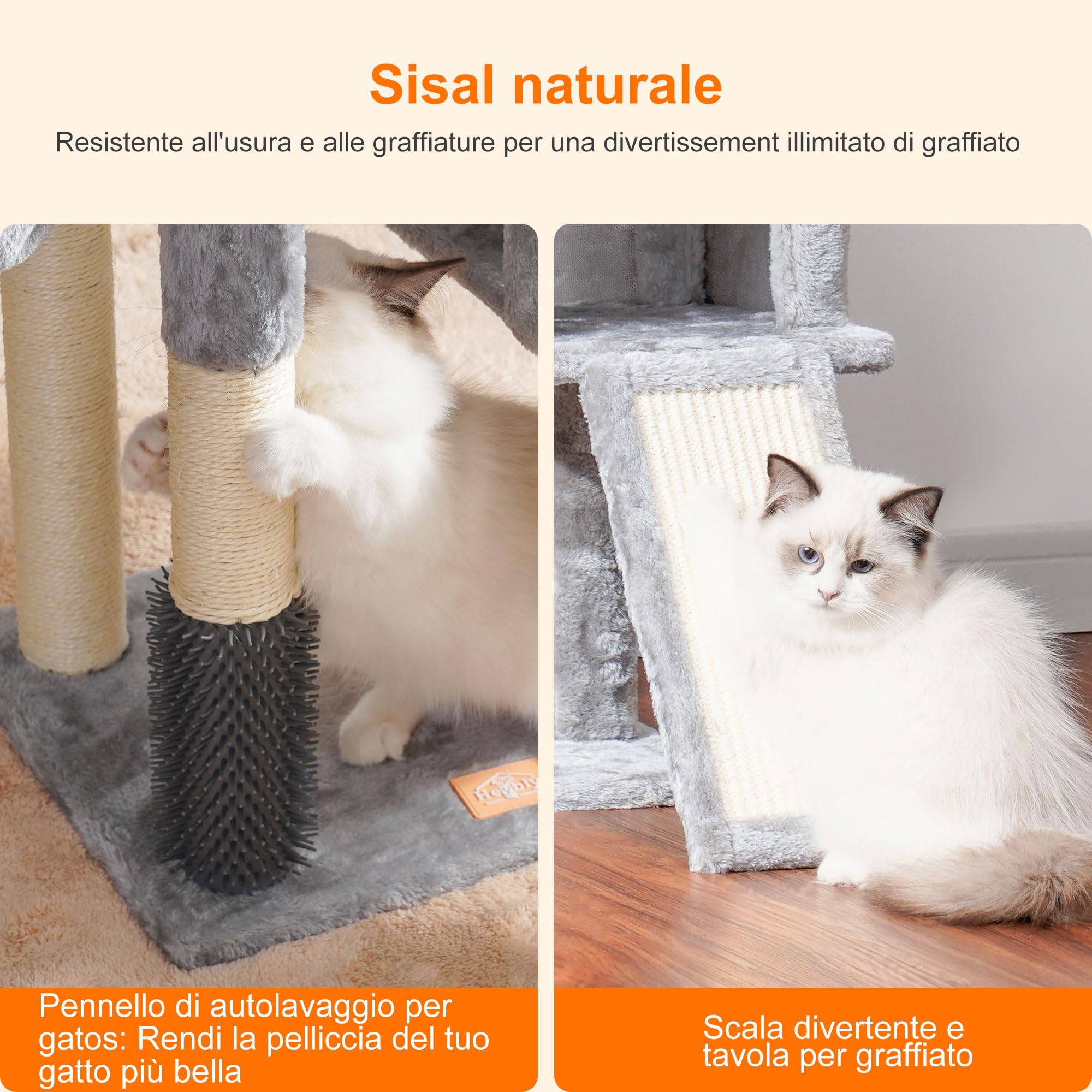 Heybly Albero Per Gatti, Il Pennello di Autocurazione, l'Albero per Gatto Domestici, con Peluche Lisce, Poltrona di Riposo, Nido per Gatti e Paletti per Graffiare, Grigio Chiaro HCT005SW