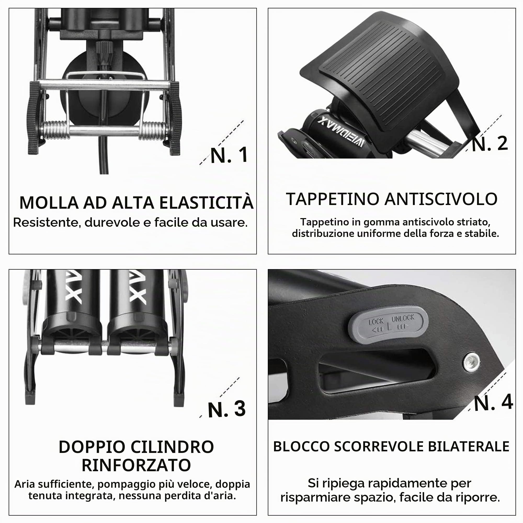 WEIDMAX Pompa per bicicletta a doppio cilindro, pompa ad aria per pavimento della bicicletta, pompa per pneumatici portatile, con manometro e valvola intelligente