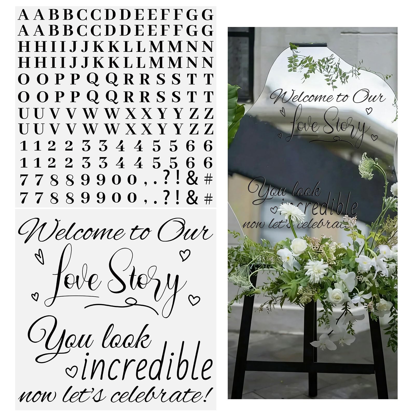 WANDIC 2 Sheets Black Wedding Welcome Signs UV DTF Mirror Stickers, DIY Wedding Party Supplies Entry Welcome Mirror Waterproof Decals for Bridal Shower Marriage Reception,29 * 29cm