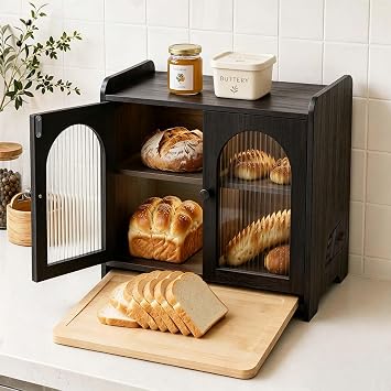 Emojoy Bread Box for Kitchen Countertop, Large Double Layer Wooden Bread Storage Container with Acrylic Window, Adjustable Air Vents & Built-In Cutting Board, Pantry Organizer, Black