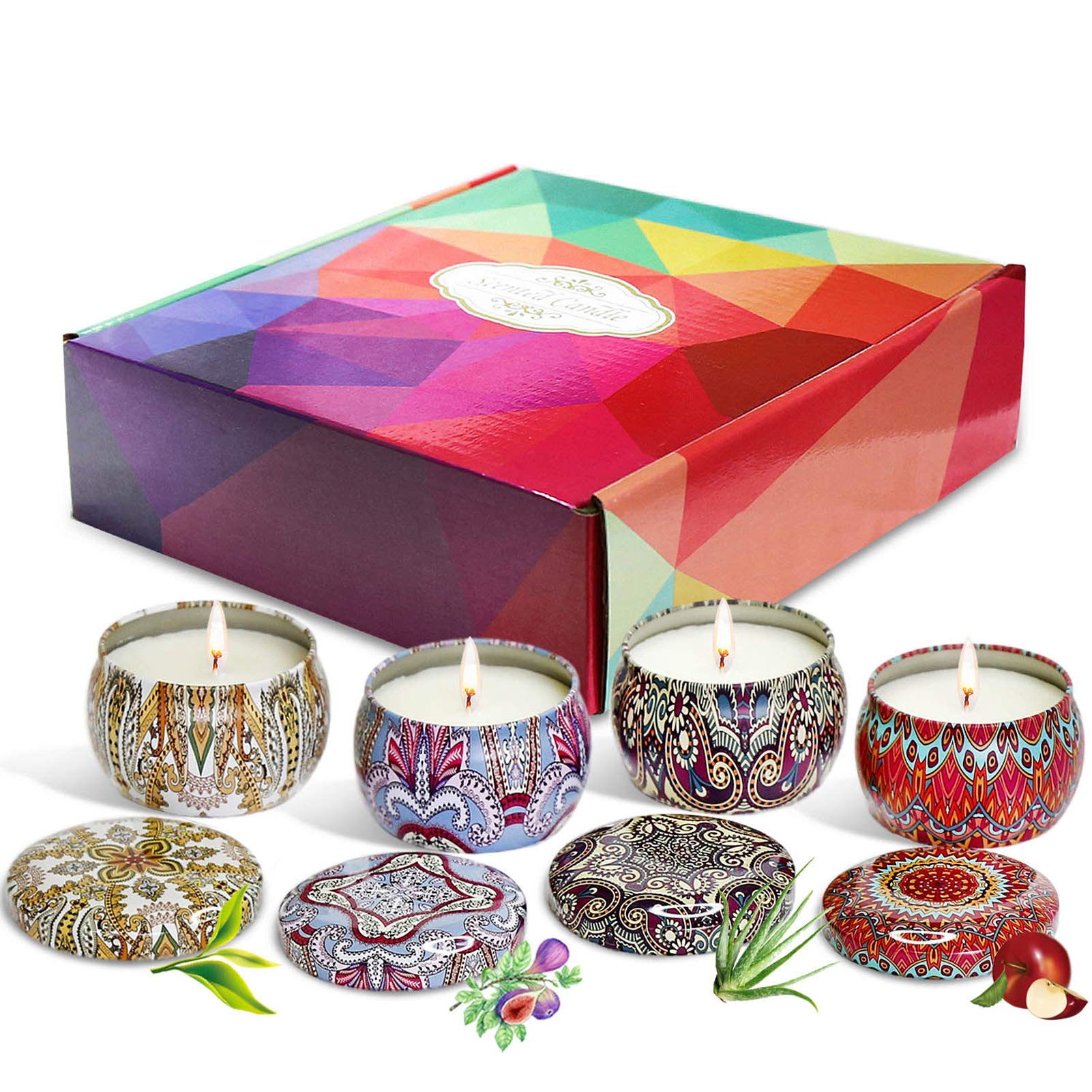 Set de velas con aroma 4 latas, cera natural de soja natural, decoración para el hogar velas de hojalata sin humo, día de la madre regalos de cumpleaños de Navidad
