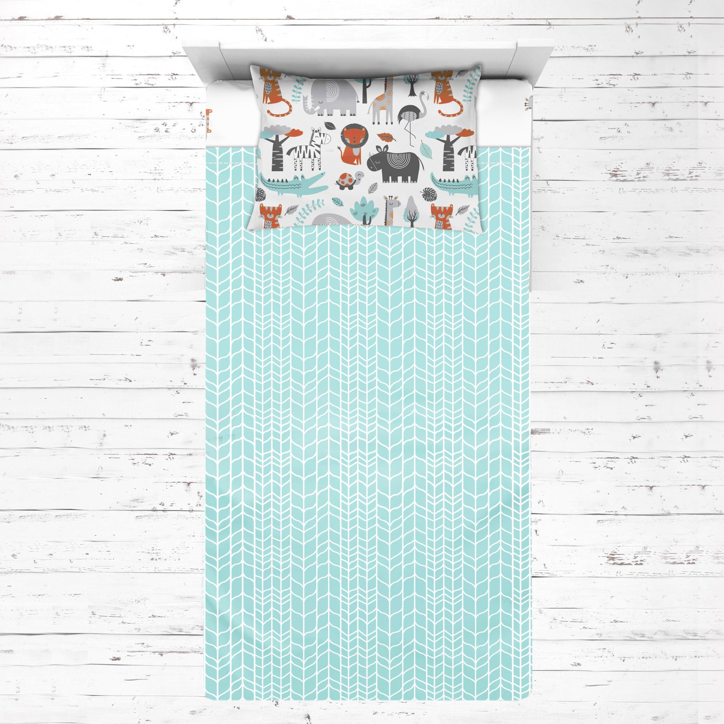 Boys Toddler Bedding/Sheet Set 100% Cotton Percale, Safari Jungle Animals Aqua/Orange/Grey (3 PC)