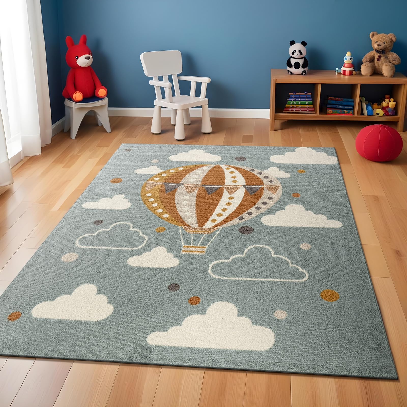 Livabliss Monty Hot Air Balloon Kids Rug - Childrens Rugs for Bedroom 160x213 cm, Kids Carpet for Girls & Boys Bedroom, Playroom and Nursery, Baby Rug for Girl or Boy Room, Teal and Orange