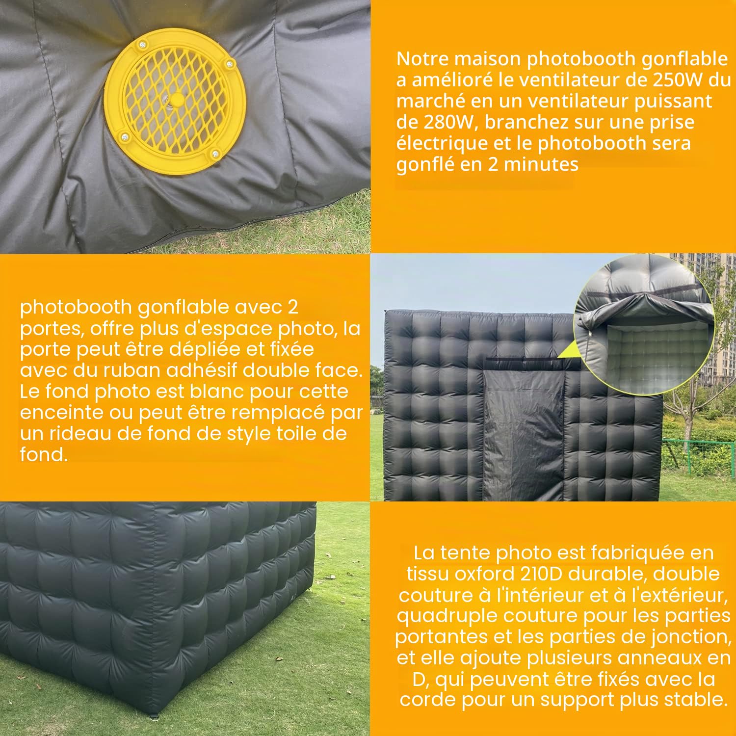 Cabine photo gonflable 2,5 x 2,5 m, portable, 16 couleurs, LED à intensité variable, pour photobooth, kit de tente avec 2 portes et souffleur d'air intérieur, télécommande, sac de transport (noir)