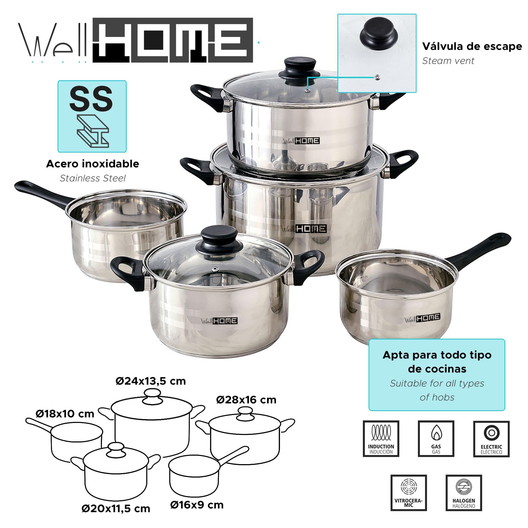 Well Home Set de Batería de Cocina de 8 Piezas y Sartenes en Acero inoxidable Ø20 Ø24 y Ø28 x5cm, Aptas para inducción y SIN antiadherente