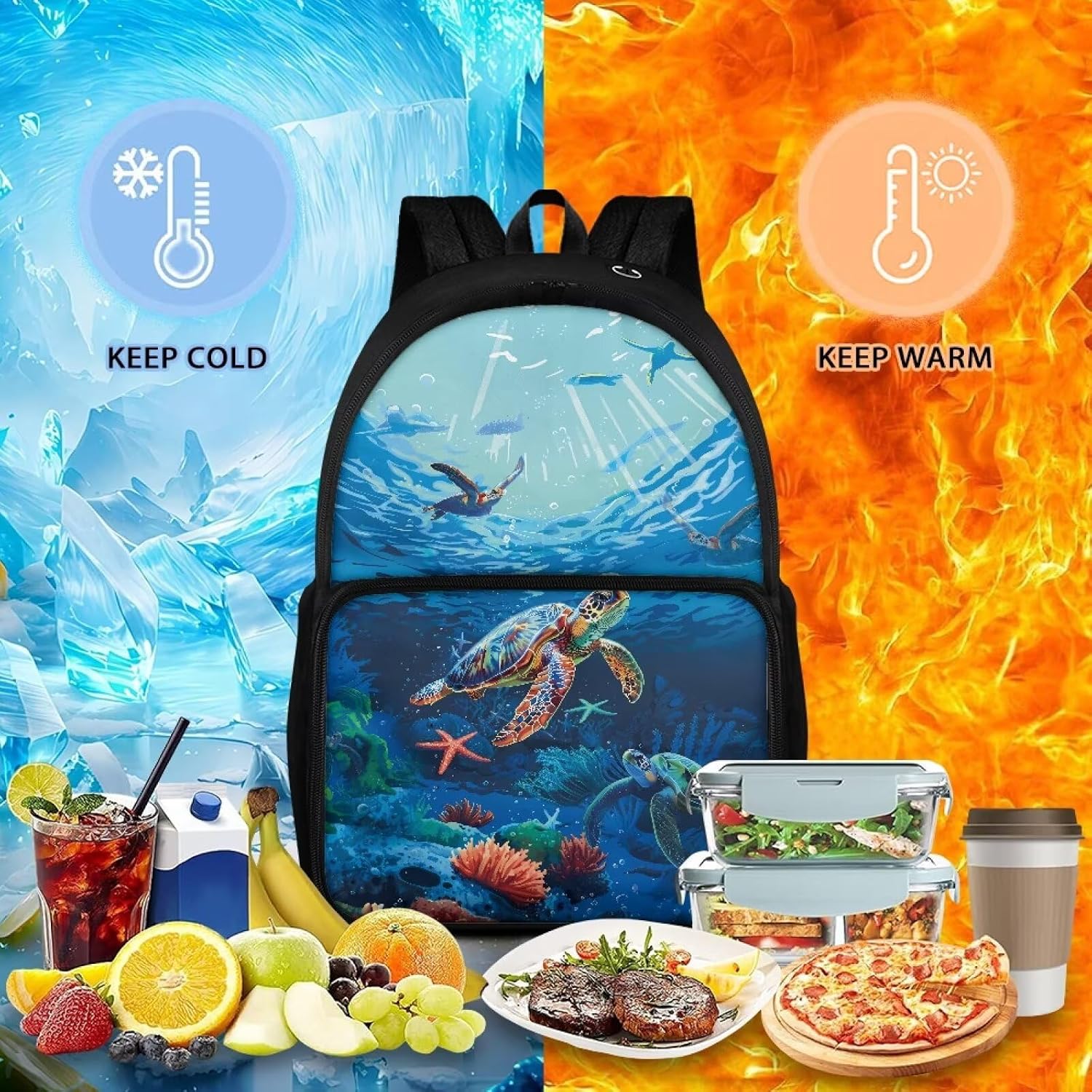 Realistic Sea Turtle Print Children's Backpack with Lunch Bag, 15.3 Inch All-in-one School Backpack, Lightweight Design, Two-Way Zipper, Side Bottle Pockets, Ideal for Work & Picnic