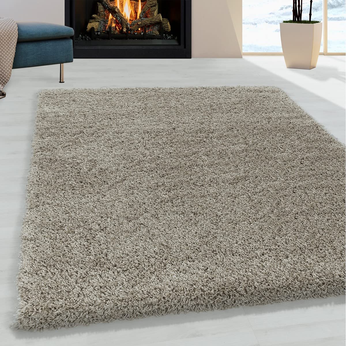 Tapis shaggy taupe 120x170 cm à poils longs pour chambre