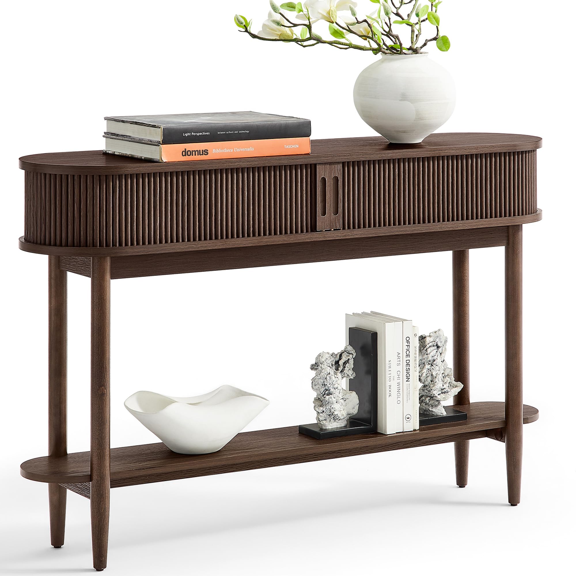 LINSY HOME Fluted Console Table, Mid-Century Modern Entryway Cabinet with Sliding Tambour Doors, Narrow Long Sofa Table, Behind-The-Couch Table for Living Room, Hallway (Brown Oak)