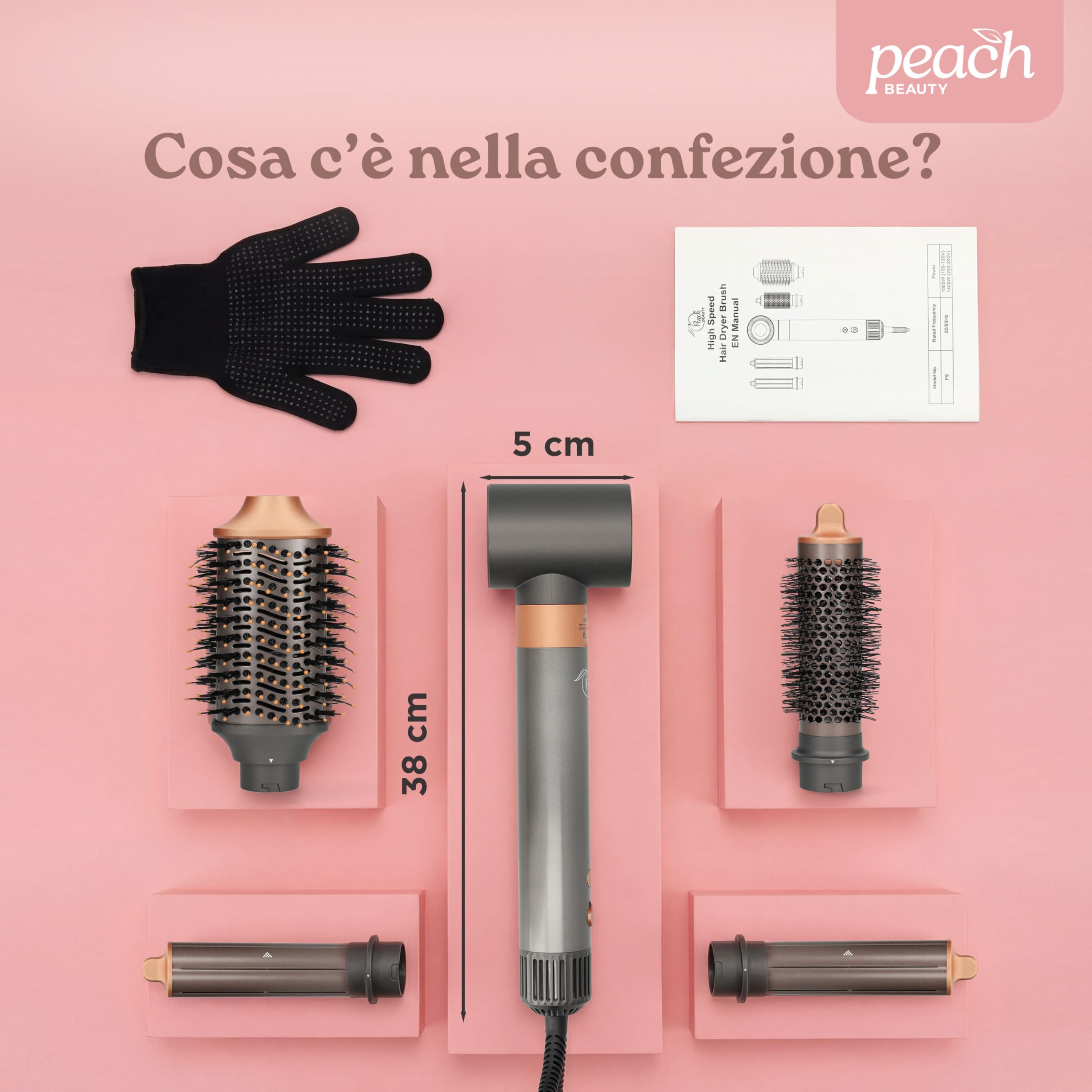 Hair Styler 5 in 1 | Tubo Dell'aria Calda | Pennello per Volume | Pennello Tondo | Ferro Arricciacapelli | Asciugacapelli | 110.000 giri al minute | 1400 W
