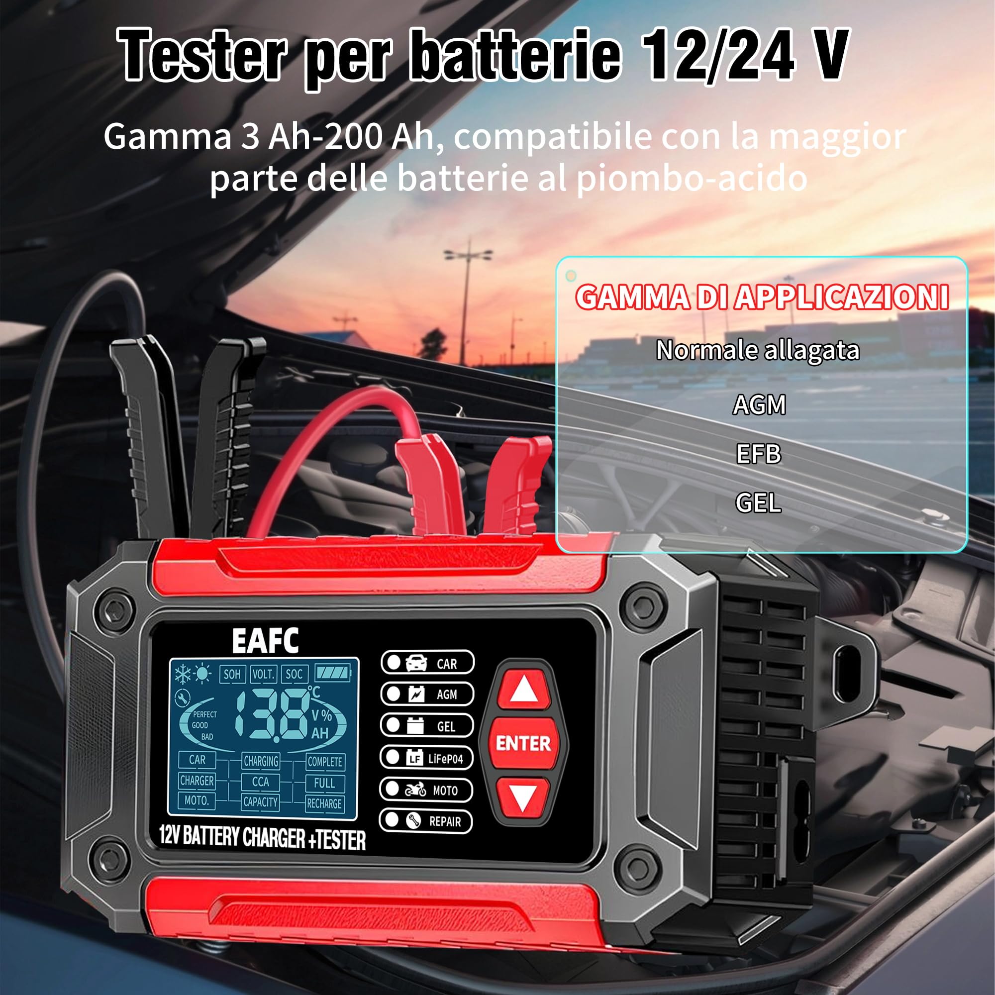 Tester Batteria Auto, 12V 6A Tester per Batterie, del Caricatore e LiFePO4 Strumento Diagnostico della Batteria per Auto Moto Barche SUV e Camion