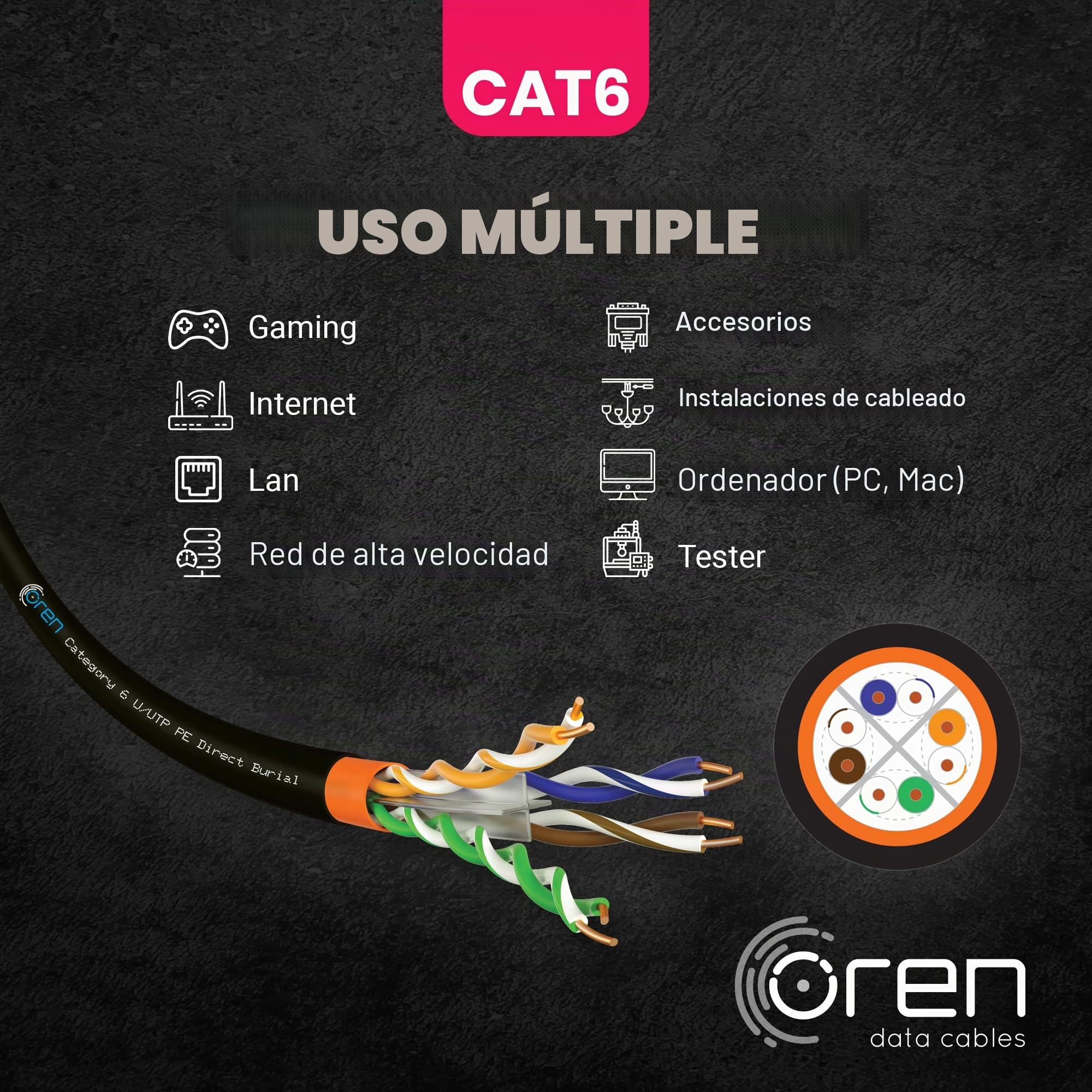 Oren CAT6 50m Cable Ethernet Para Exteriores - Entierro Directo - Cable de Cobre Puro 23 AWG- Cable de Red LAN de Internet UTP de 400 MHz de Ancho de Banda - Libre de Halógenos, No Corrosivo - Gigabit
