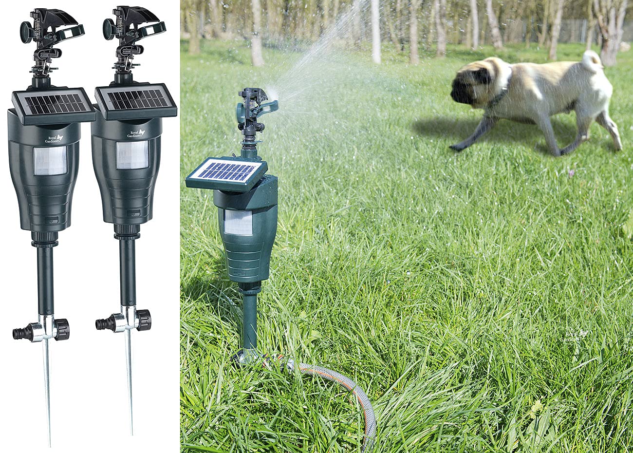 Royal Gardineer Katzenschreck: 2er Pack Solar-Wasserstrahl-Tierschreck mit PIR-Bewegungsmelder (Wasserstrahl Tiervertreiber, Wassersprühender Tierschreck, Hund)