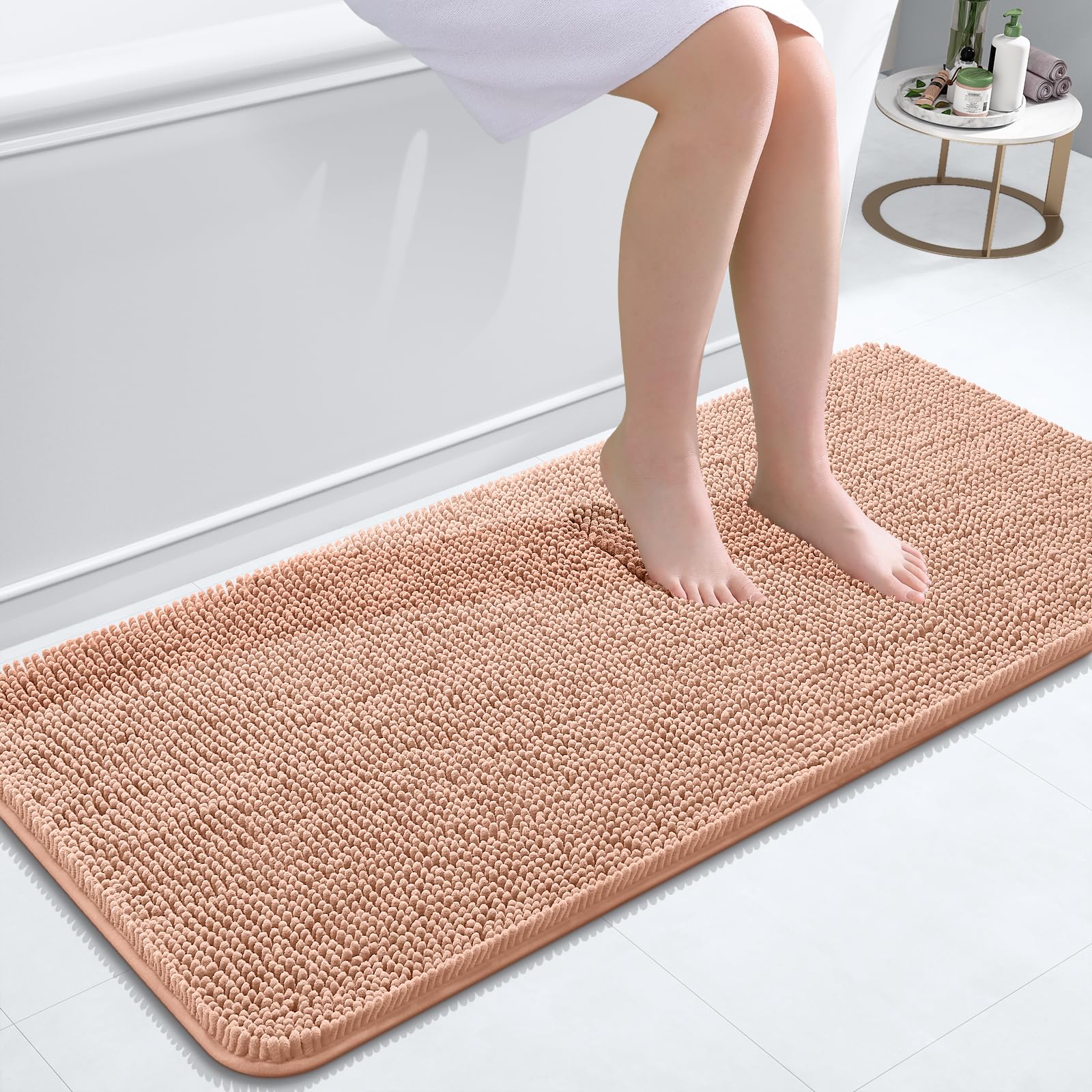 OLANLY Bathroom Runner Rugs 47x20, Extra Soft Absorbent Chenille Bath Rugs | Peach, Quick-Drying Rubber Backing, Machine Washable Long Bath Mat for Bathroom Floor, Tub and Shower, Home Decor Accessories