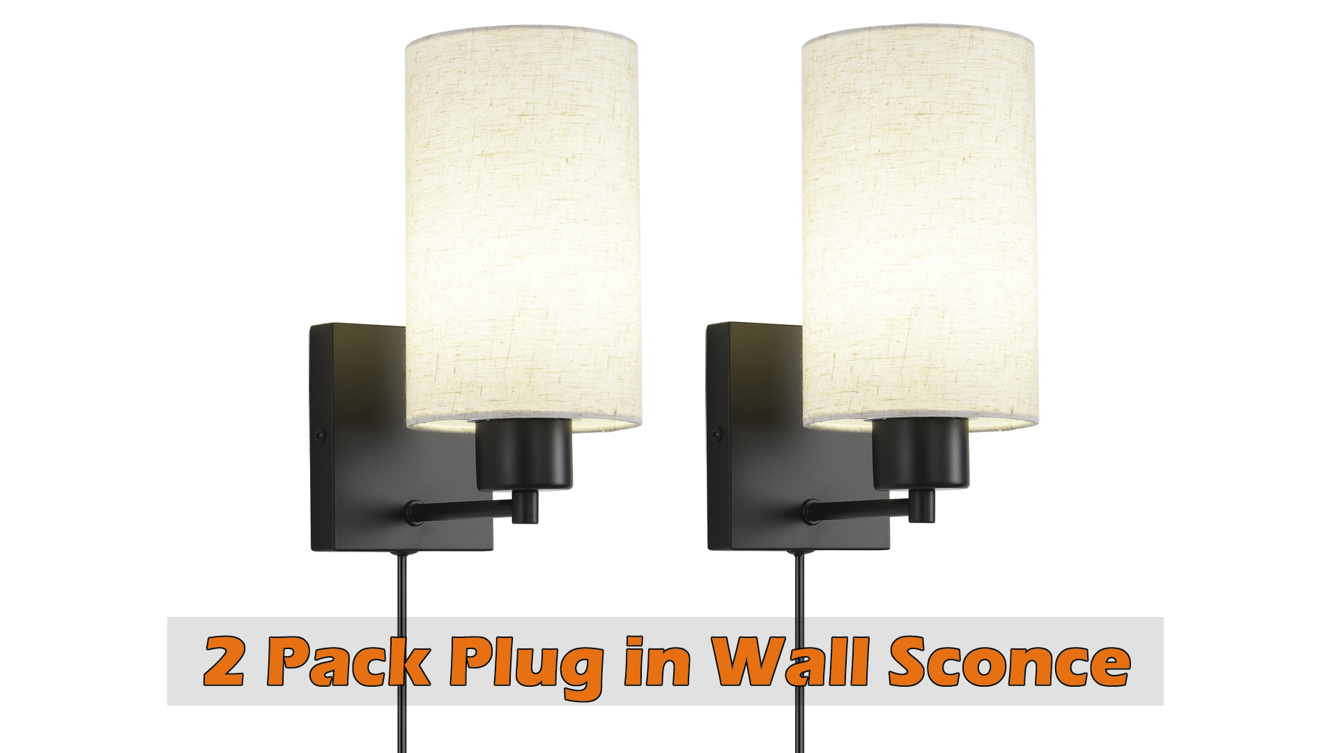 Image of KOONTING Plug in Wall Sconce Set of 2, Rustic Wall Lamp Wall Light Fixture | With Plug-in Cord and On /Off Toggle Switch, Grey Fabric Shade Wall Light for Headboard Bedroom Living Room (Circle-Linen)