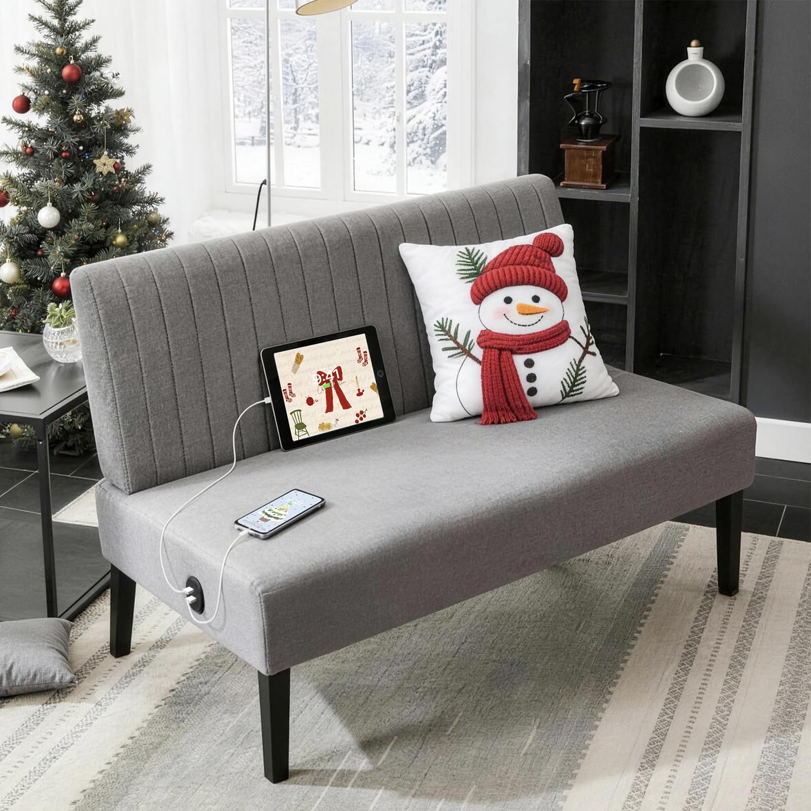 STHOUYN Mini Small Comfy Couch Armless Loveseat Sofa for Bedroom with USB Port, Velvet Couches for Small Spaces Living Room, Apartment Office Dorm (Grey)