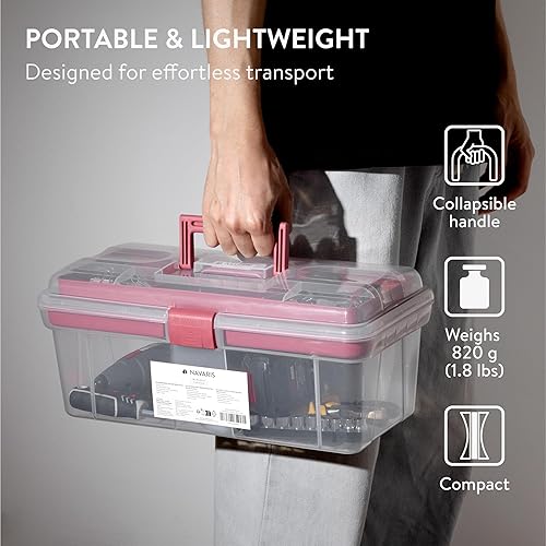 Miniatura 4 de Navaris Caja de herramientas de plástico rosa  38 cm (15")  Caja de almacenamiento de medicamentos con pestillo de bloqueo  Caja organizadora de