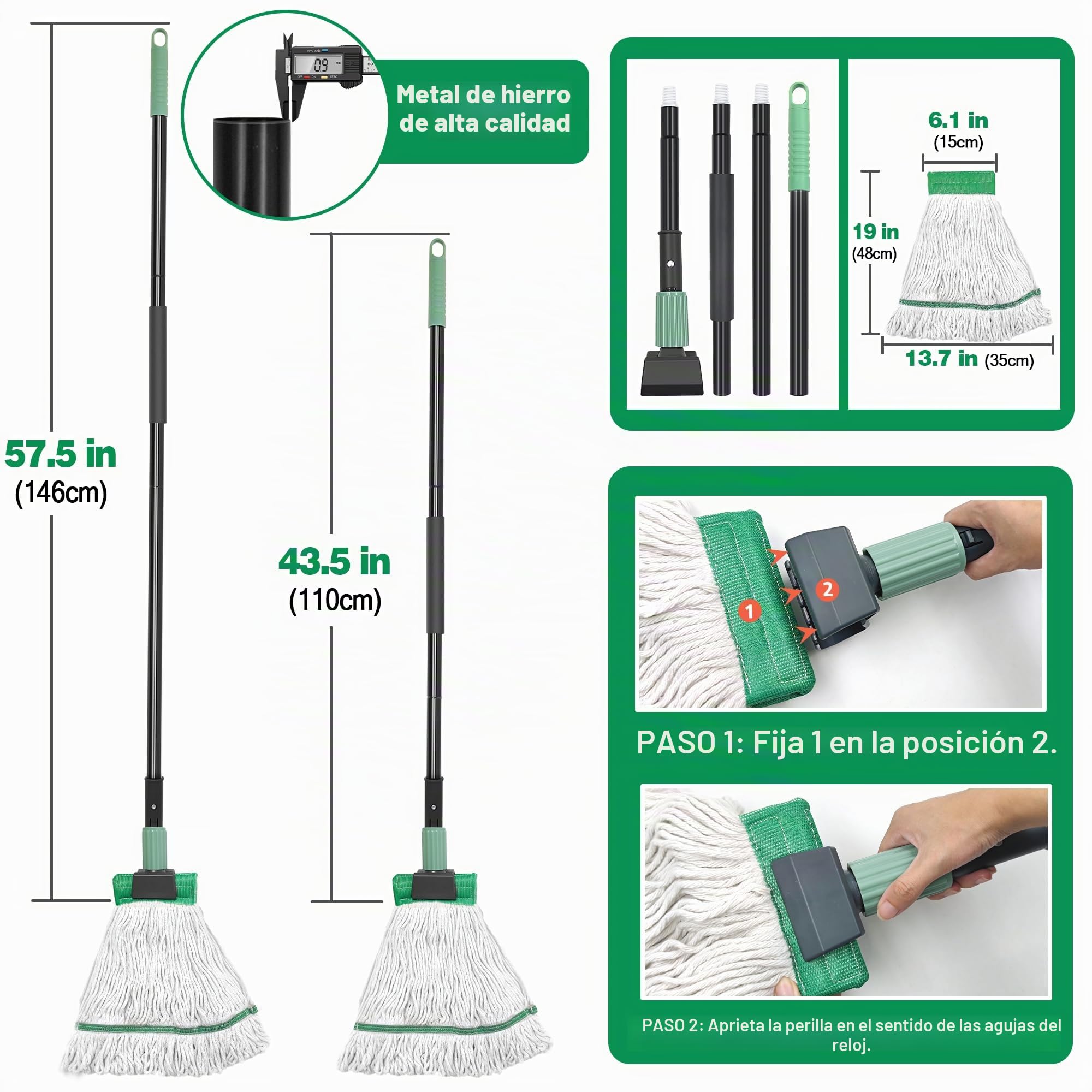 Trapeador húmedo resistente con mango largo de 58 pulgadas para limpieza de suelos, trapeador de algodón húmedo con cuerda en bucle para el hogar, cocina, garaje, oficina, taller