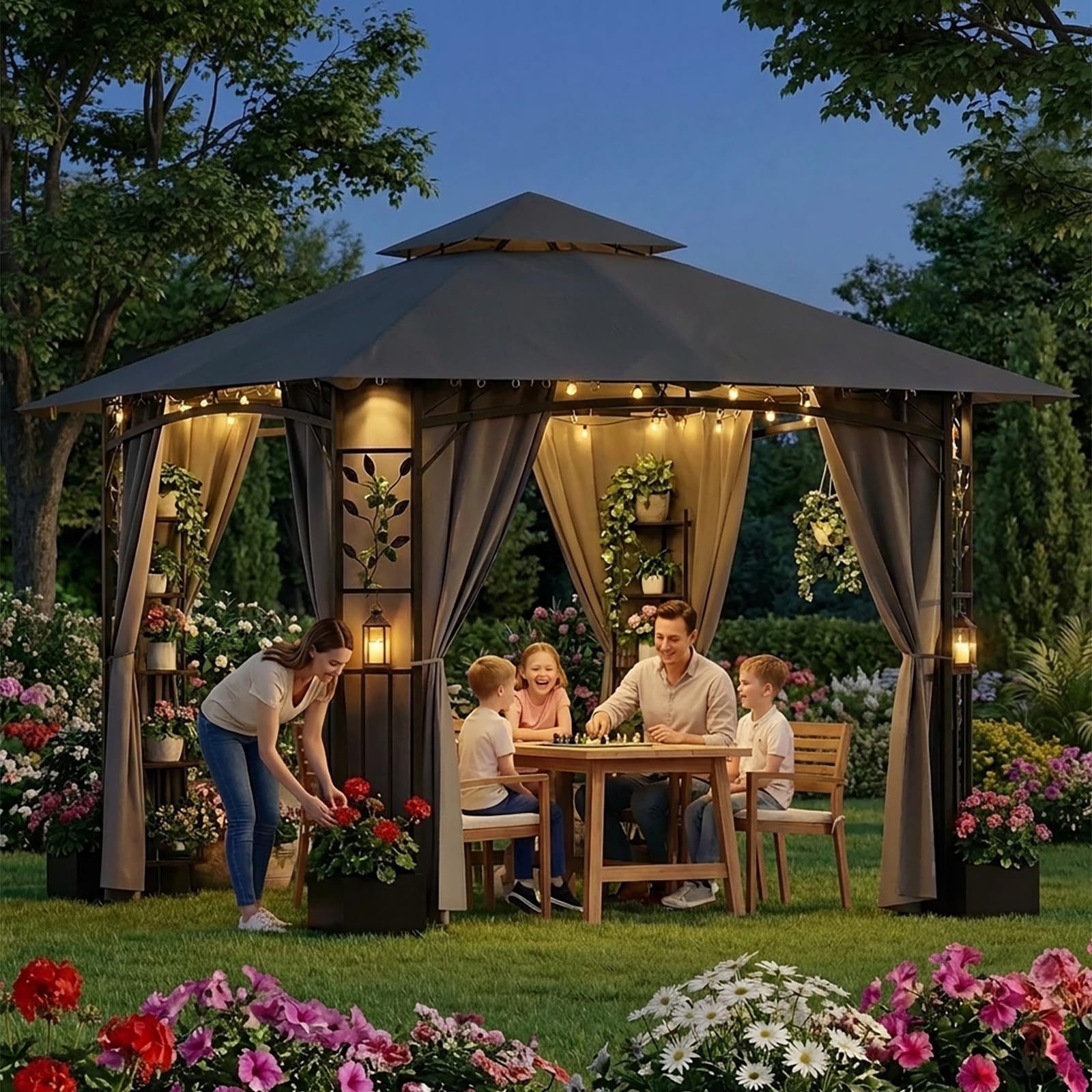 Devoko Garten Pavillon mit 4 Pflanzkübeln Spalier, zur Verschönerung Ihres Innenhofs. Pavillon 3x3 wasserdicht stabil Winterfest（3.3 * 3.3M）,UV 50+, Doppeltem Dach GrillPavillon mit 4 Seitenvorhängen