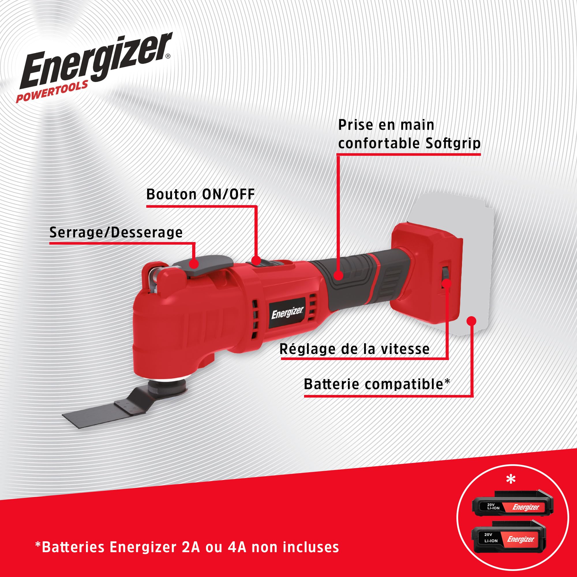 Energizer - Herramienta multifunción oscilante inalámbrica de 20 V, 6 velocidades 7000-19000 OPM, fijación universal de cambio rápido, batería de 20 V y cargador incluido