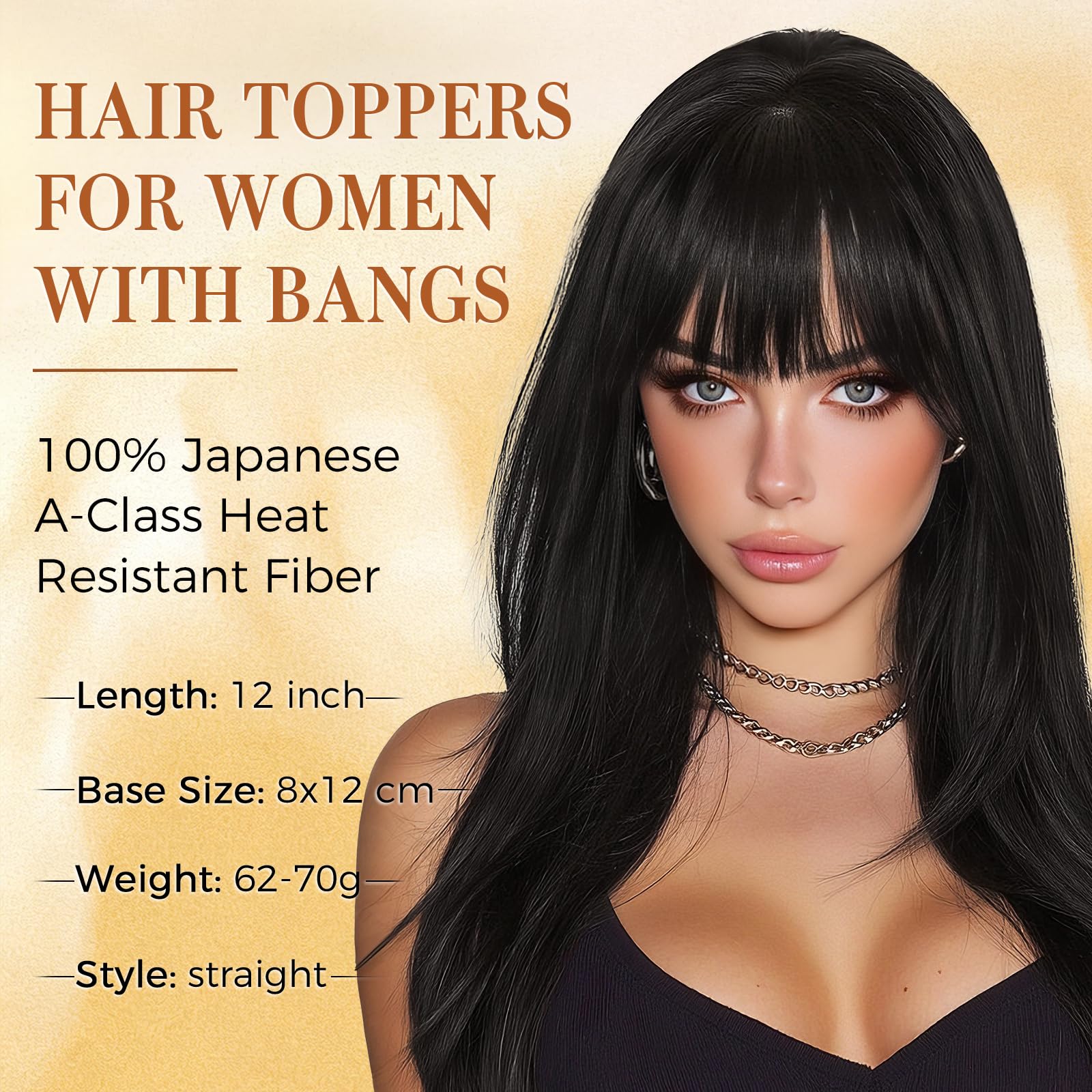 Sofeiyan Topper de Cabello para mujer,30 cm Tapa de Cabello con clip con flequillo,62 g sintéticos Toppers postizos de pelo natural Adecuados para personas calvas,Negro Natural y Castaño Oscuro