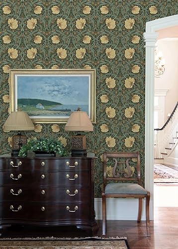 Miniatura 4 de NextWall Pimpernel Garden - Papel tapiz vintage para despegar y pegar (verde prado y ámbar)