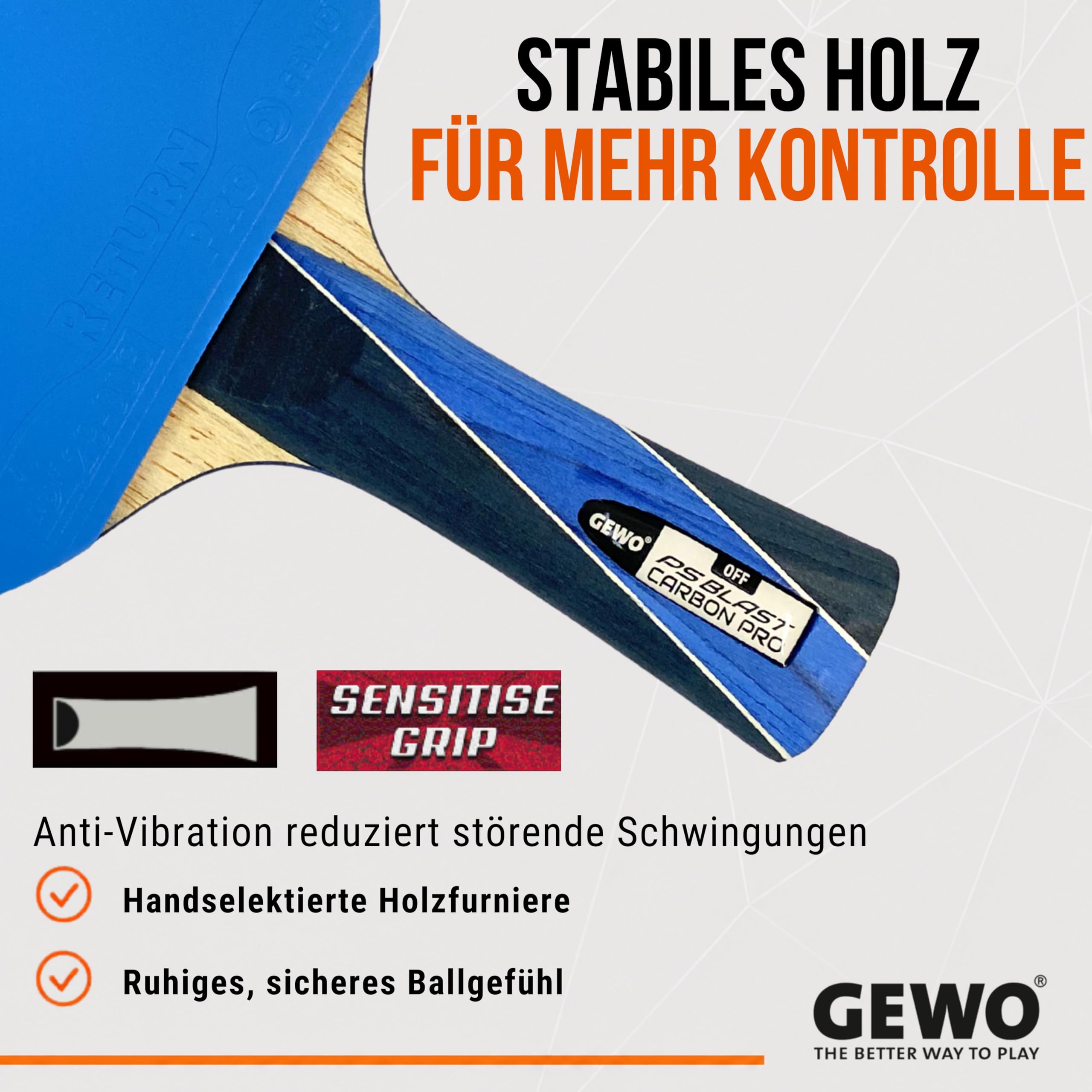 GEWO PS Blast Carbon Pro rakieta do tenisa stołowego, profesjonalna rakieta do tenisa stołowego z certyfikatem ITTF, rakieta karbonowa z szybką powłoką GEWO Return Pro o wysokich właściwościach