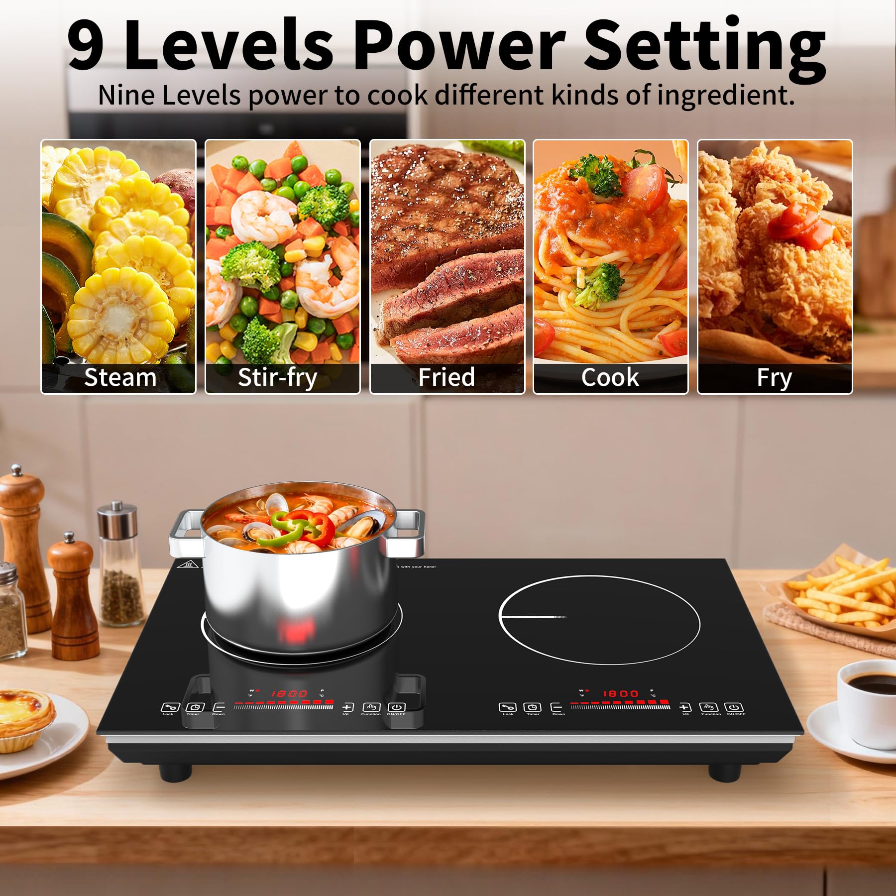 VBGK 2 burner Induction Hob,3600W Electric hob 2 burner with Knob Control,9 Power Levels, Kids Lock & Timer,LED touch control,double induction hob — view 5