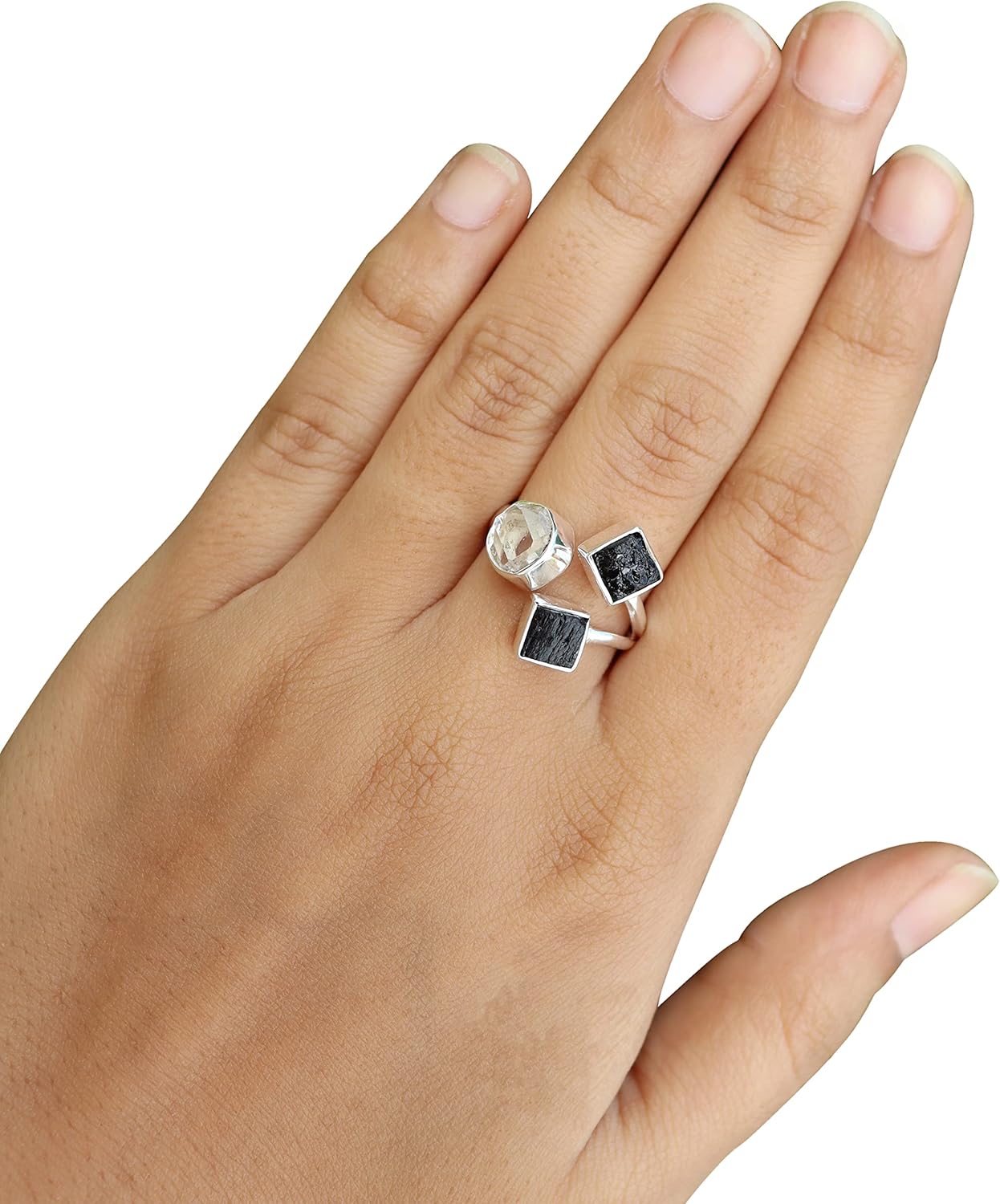 Raw Herkimer Diamond & Black Tourmaline Ring | Handcrafted Sterling Silver 925 Jewelry